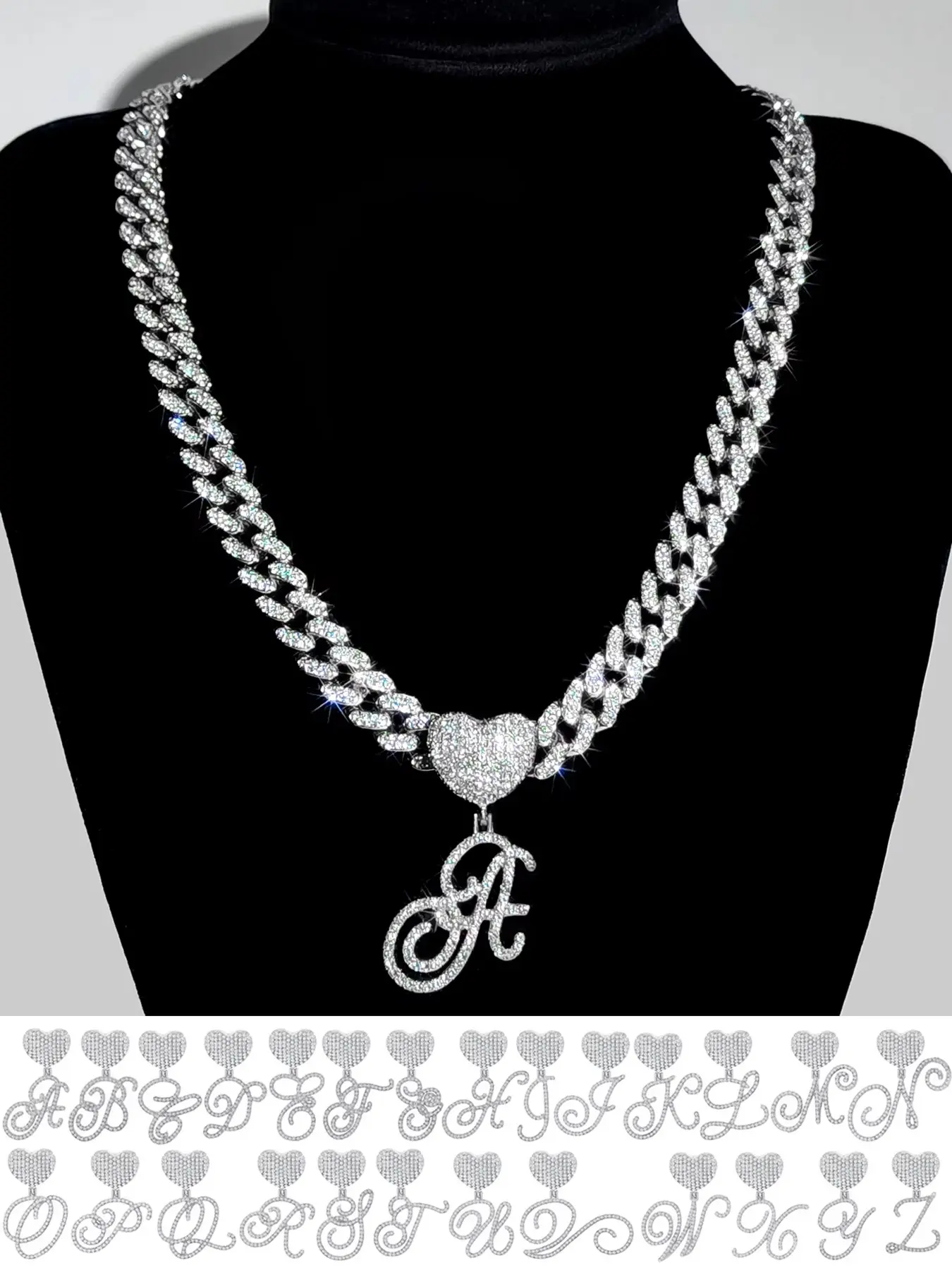 Silver Women's Necklace - A-Z Letter Heart Pendant Necklace With 13mm Cubic Zirconia Cuban Chain, Personalized Cuban Chain Jewelry, Women's Fashion Hip-Hop Jewelry, Cursive Letter Jewelry Gift, Gift For Her, CZ Initial Necklace