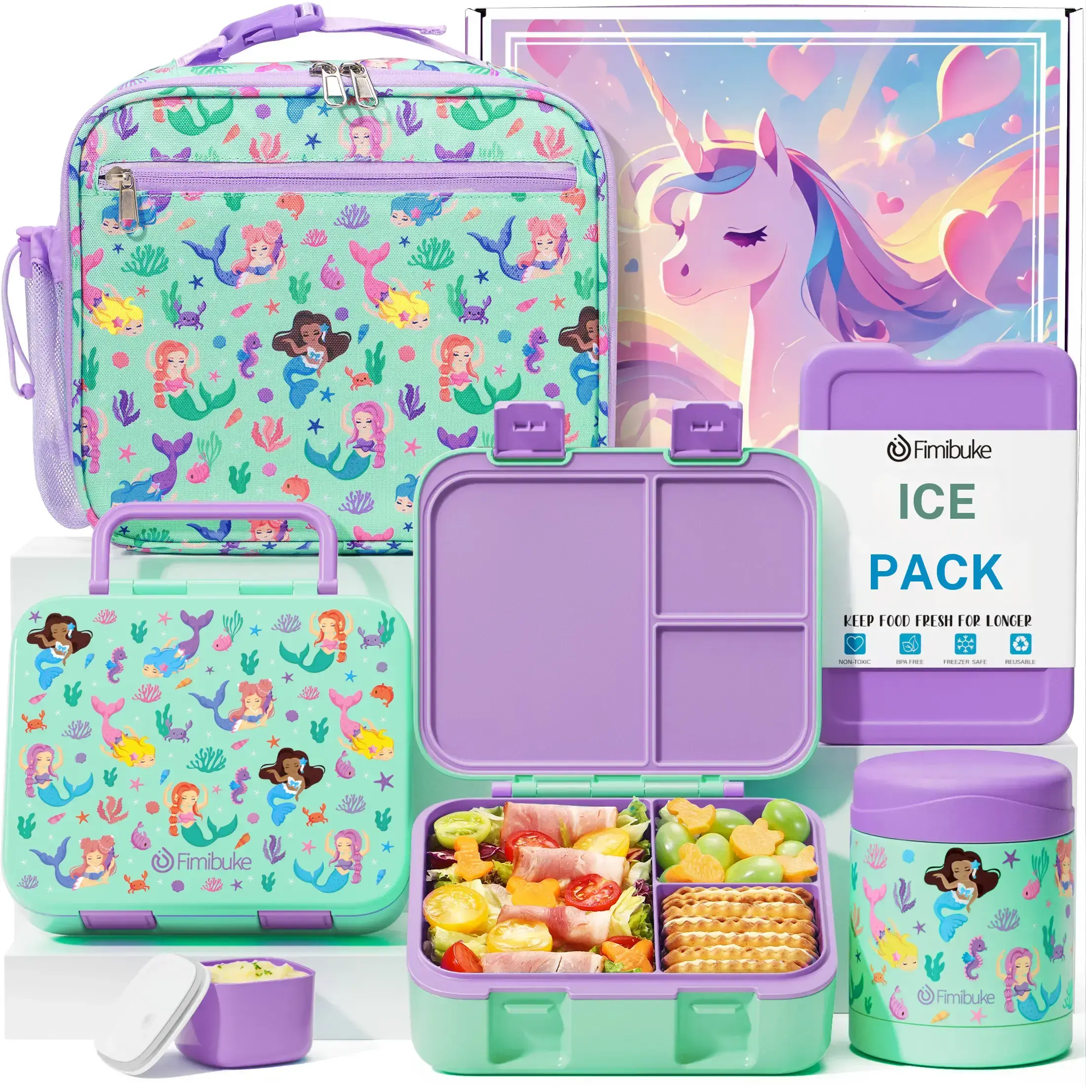 Fimibuke Bento Lunch Box with Thermos 32oz Snack Lunch Container with 3 Compartments, Insulated Lunch Bag, 12oz Leakproof Food Jar, and Ice Pack — Ideal for Daycare, School, or On the Go Meals dealsforyoudays