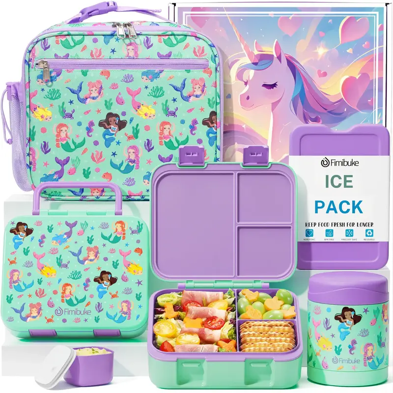 Fimibuke Durable Stainless Steel Bento Box Tableware Set - 32oz 3-Compartment Meal Prep Container, Insulated Lunchbox Cooler, 12oz Leak-Proof Acrylic Food Jar, Ice Pack, Animal Design, Microwave-Safe (3min Reheat) - For Kids' Lunches