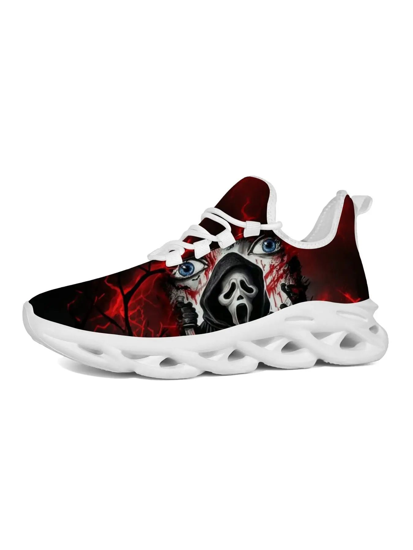 Men Women Halloween Horror Mask Print Sneakers Breathable Mesh Lace Up Blade Type Walking Shoes Lightweight Casual Sports Footwear Outdoor Walking Shoes Holiday Gift