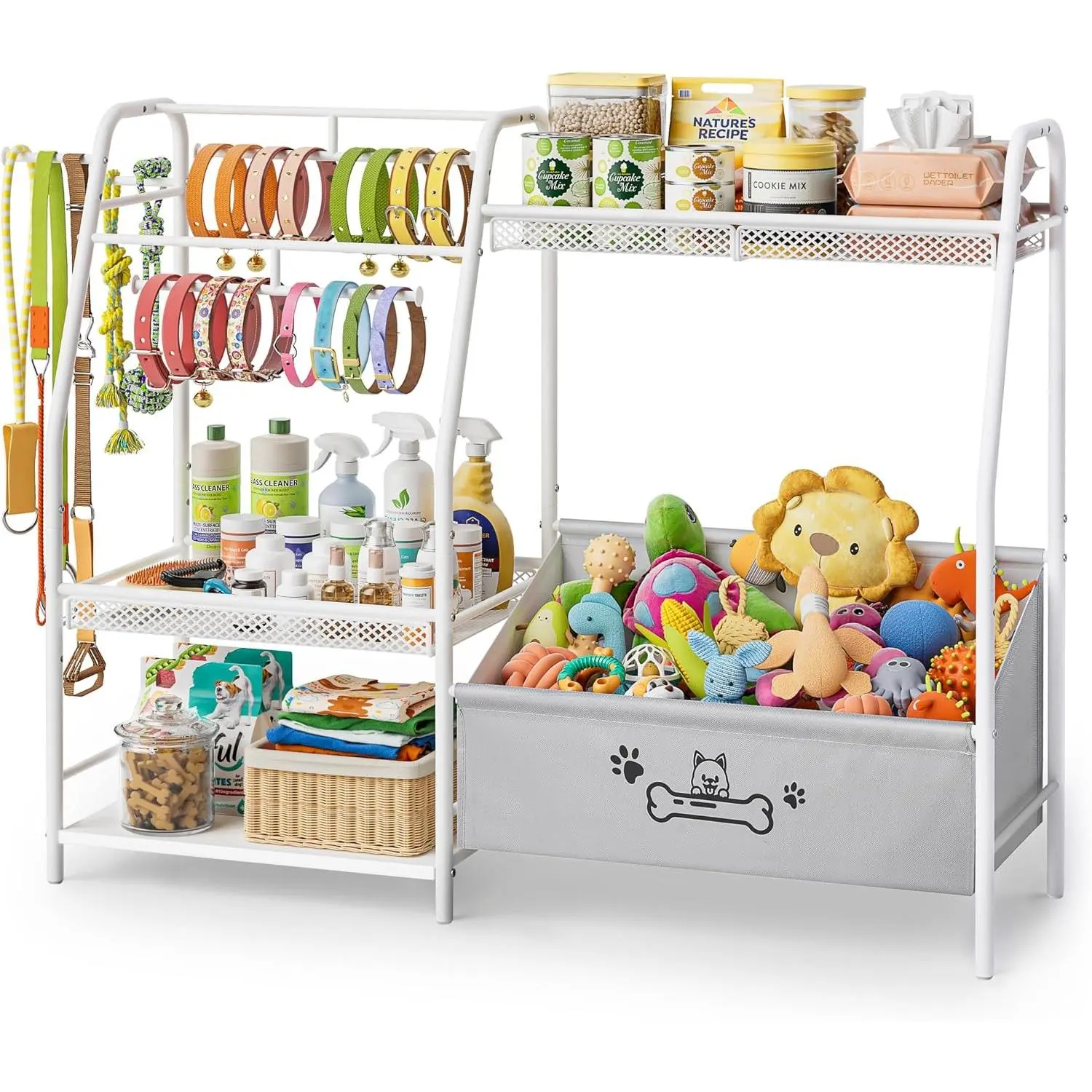 Large Dog Toy Basket with Dog Storage Organizer, Trapezoid Dogs Toy Bin Box with Collar Leash Holder Hook, Toy Holder Chest Pet Storage Cabinet for Living Room, Dogs Essentials for Pet Lovers Gift