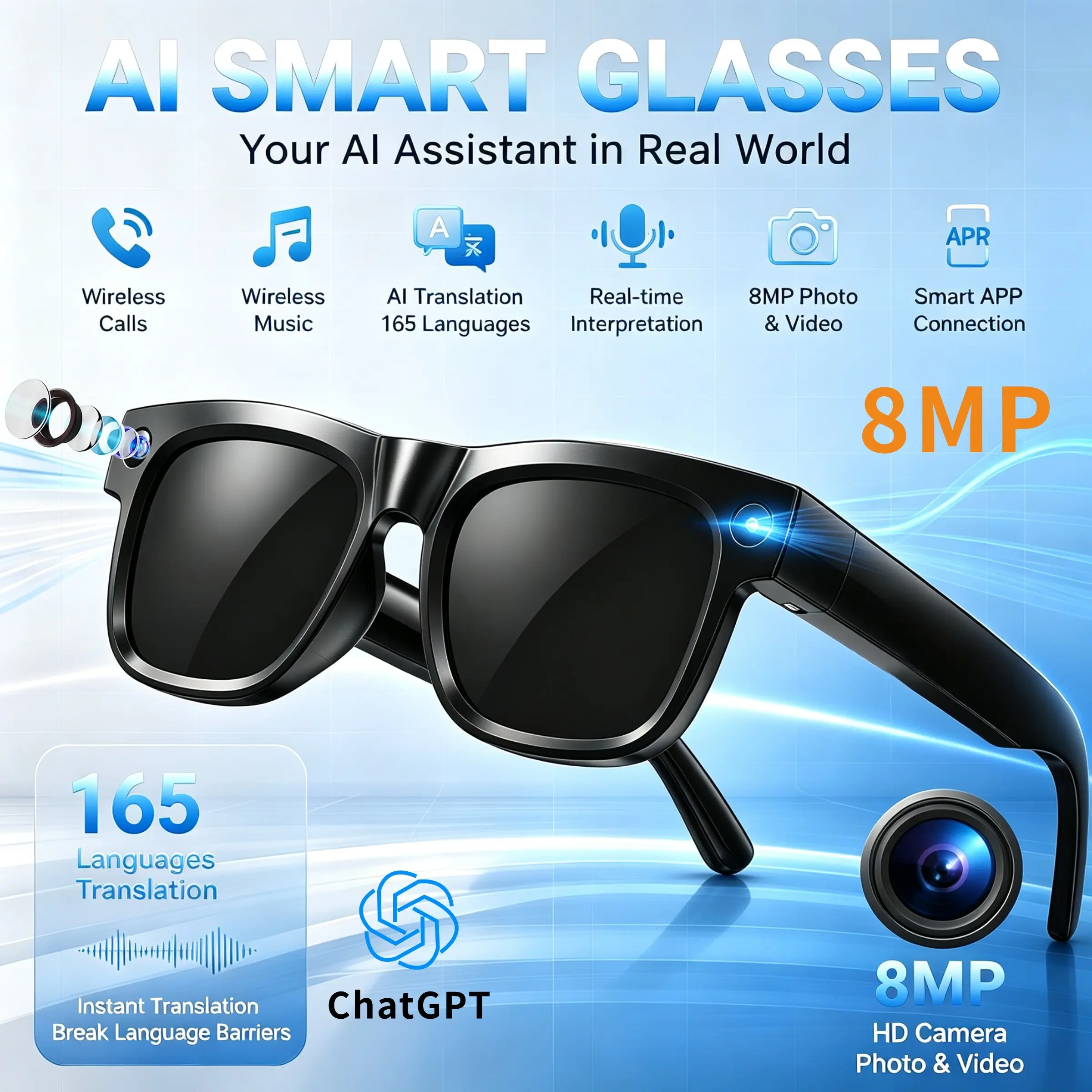 AI camera intelligent glasses, Hd smart glasses, with 8-megapixel ultra wide angle camera, 165 language translation, photo translation, recording, with noise reduction and high fidelity audio, 1080P high-definition video recording for daily life