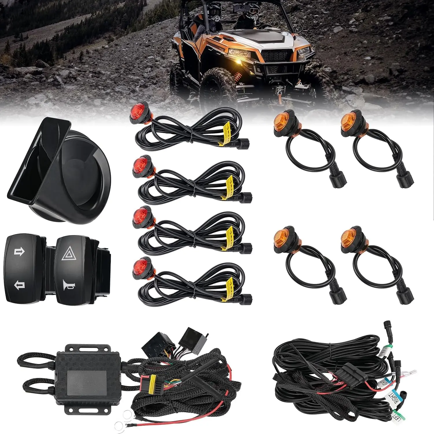 GAOMON Universal UTV Turn Signal Kit Set, Plug-and-Play ATV Blinker Kit with 110D Horn and Rocker Switch, Street Legal for Polaris, Can-Am, Kawasaki