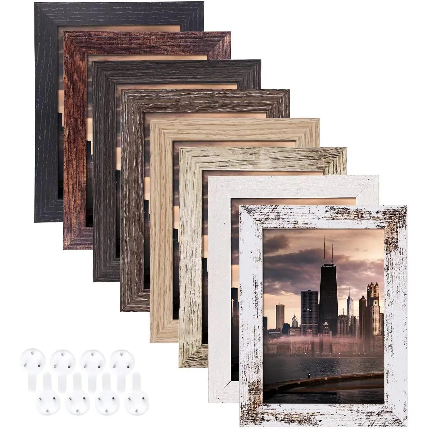 8-Pack 4x6 (4r) Rustic Multi-Wood Color Wooden Photo Picture Frames, Vertical-Horizontal Formats, Hangable Wall Hanging & Tabletop Display, Ideal for Farmhouse Home Supplies