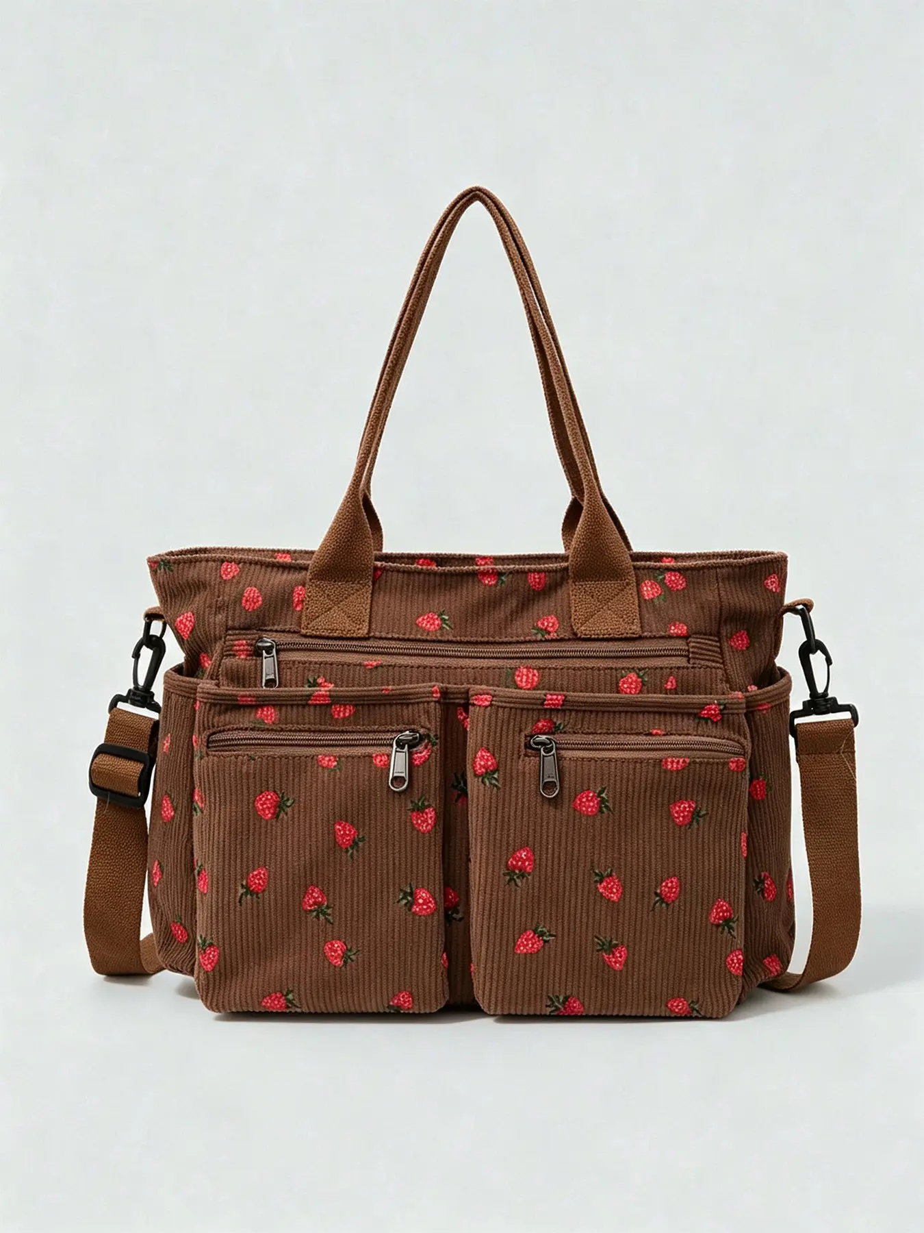 Cute and elegant versatile retro texture tote bag, strawberry print design, large capacity multi pocket casual minimalist style single shoulder handbag, can accommodate books, umbrellas, water bottles, documents