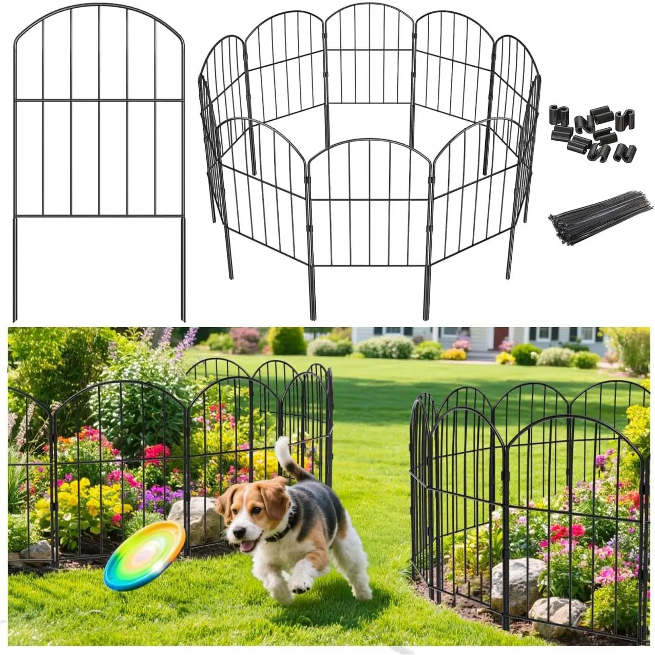 Decorative Garden Fence Outdoor,  10.5ft (L) x 24in (H), Rustproof Metal Landscape Barrier Fence, Black Fence for Yard, Patio Lawn, 10 Panels