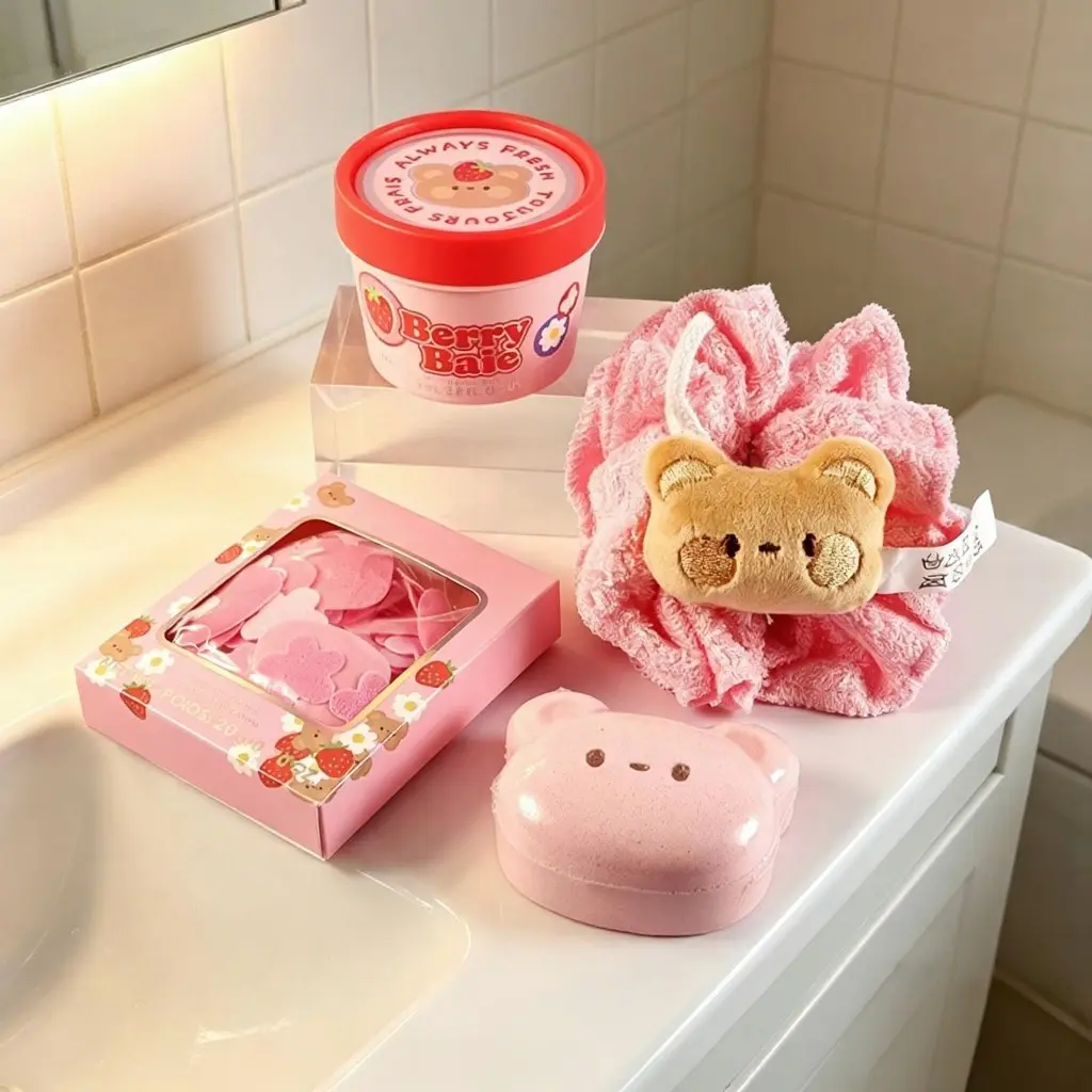 4-In-1 Spa Bath Gift Kit, Body Lotion, Glitter Bath Salt, Bath Sponge & Cute Shaped Soap, Pink Purple Blue Packaging Options, Holiday Daily Self Care