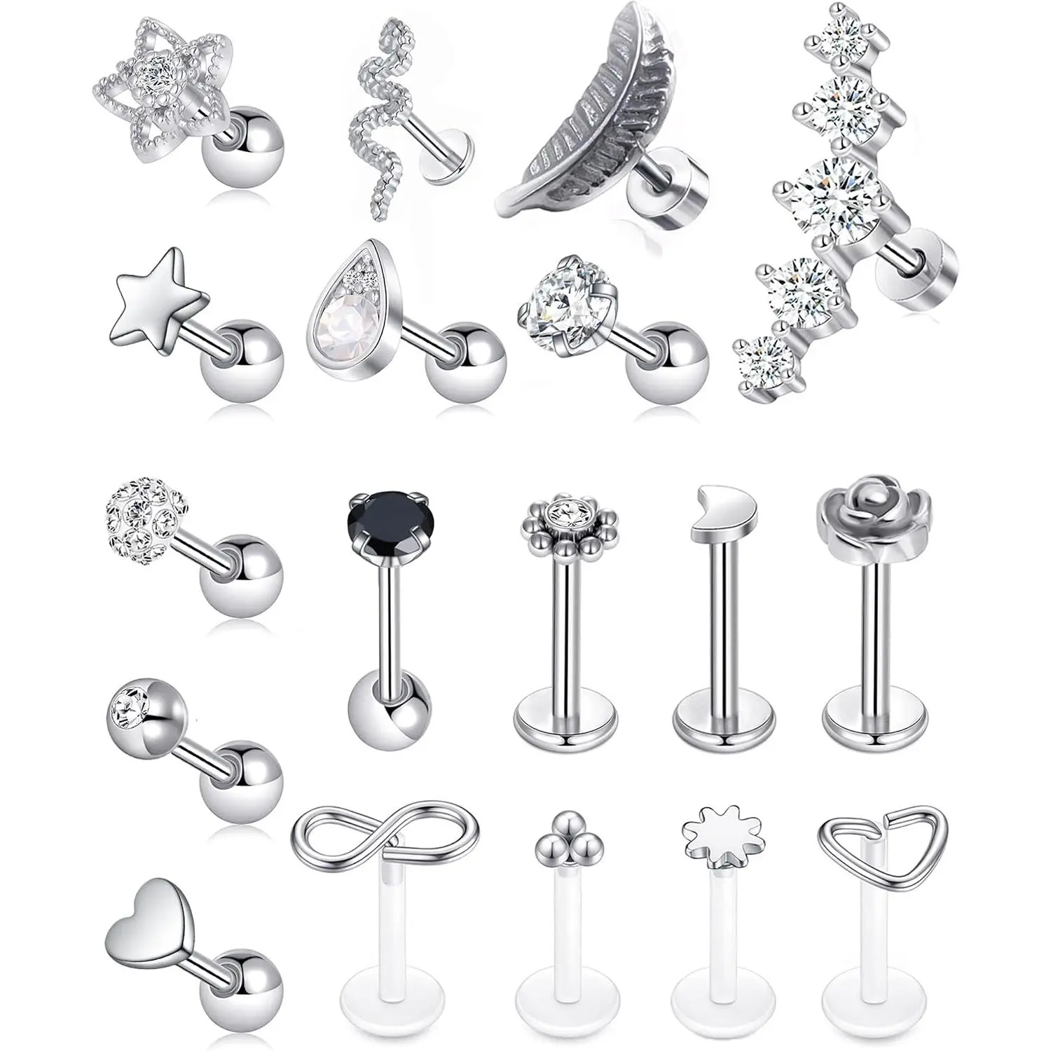 Modern Stainless Steel Stud Earrings, 18-Piece 16G Unisex Set with Snake, Heart, and Ball Designs for Everyday Long Wear - Tragus, Helix, Lip Jewelry