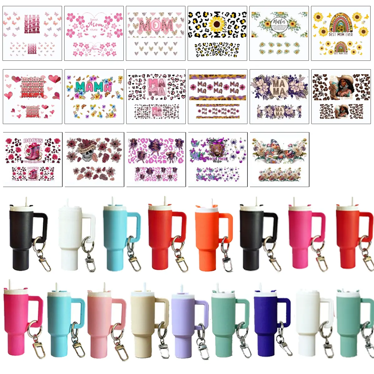 34pcs UV DTF Wraps&Mini Tumbler Cup Keychain Lip Balm Holder Kits, MAMA Design Butterfly Leopard UV DTF Wraps Rub on Transfer Stickers for Women Cup Keychains Accessories, Cute Charms for Handbags and Backpack DIY Gift Cup Sticker Gift