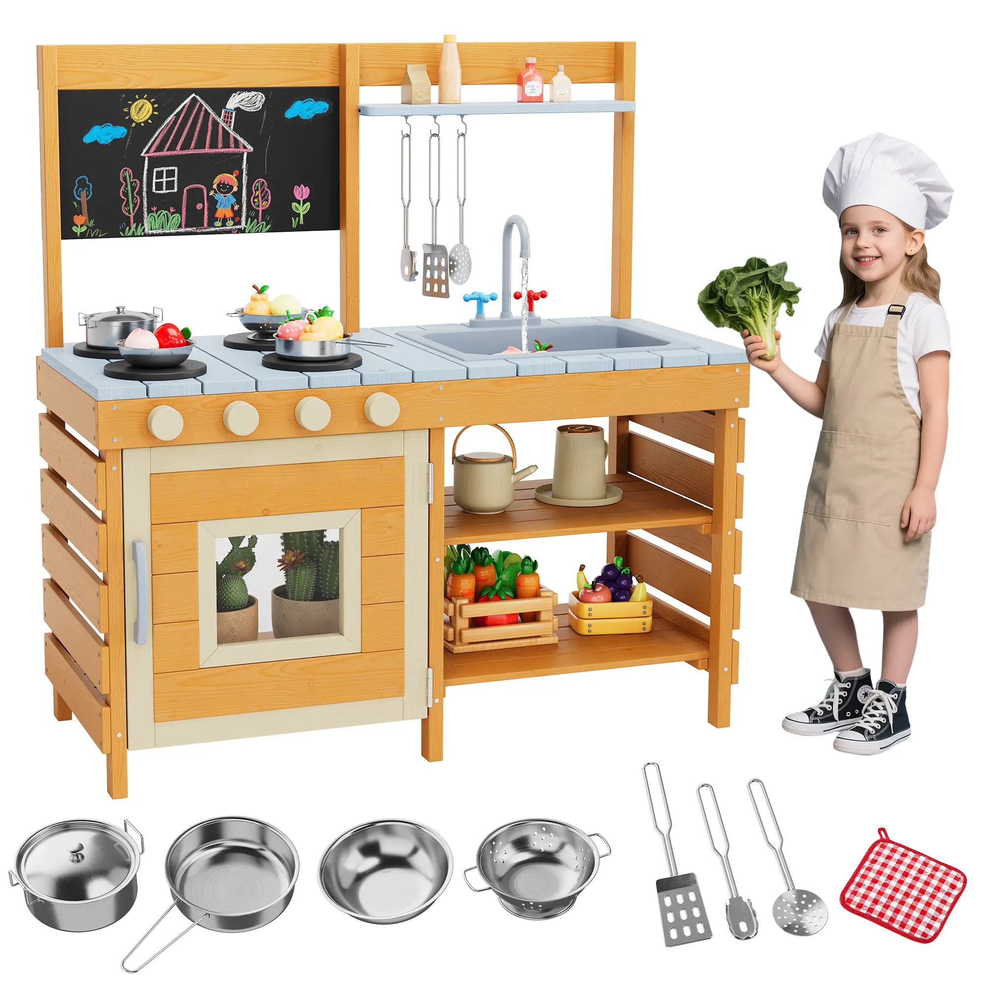Outdoor Wooden Mud Kitchen Playset for Kids - Pretend Kitchen Set with Removable basin, Faucet, Chalkboard, Stove, Cookware & Storage Shelves - Backyard Toy Kitchen for Toddlers Ages 3+