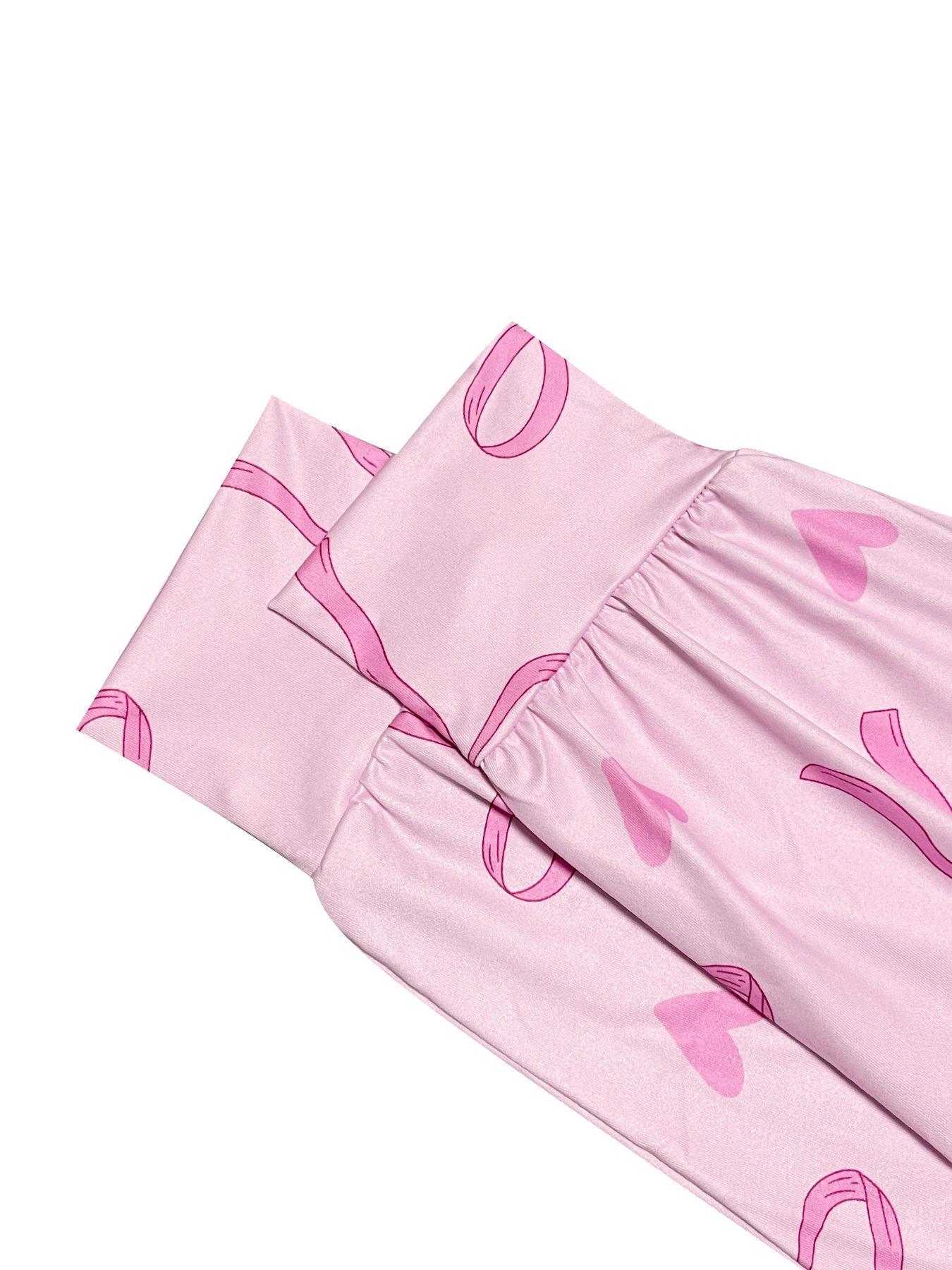 Women's Bow Print Tee & Pants Pyjama Two-piece Set, Casual Comfy Round Neck Short Sleeve T-shirt & Trousers Pj Set, Ladies Sleepwear for All Seasons, Loungewear, Pajamas, Nightwear Lounge Set