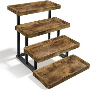 Rustic 2-Tier Serving Tray, Sturdy Farmhouse Wooden Display Stand & Countertop Organiser with Metal Frame for Desserts, Perfume, and Parties