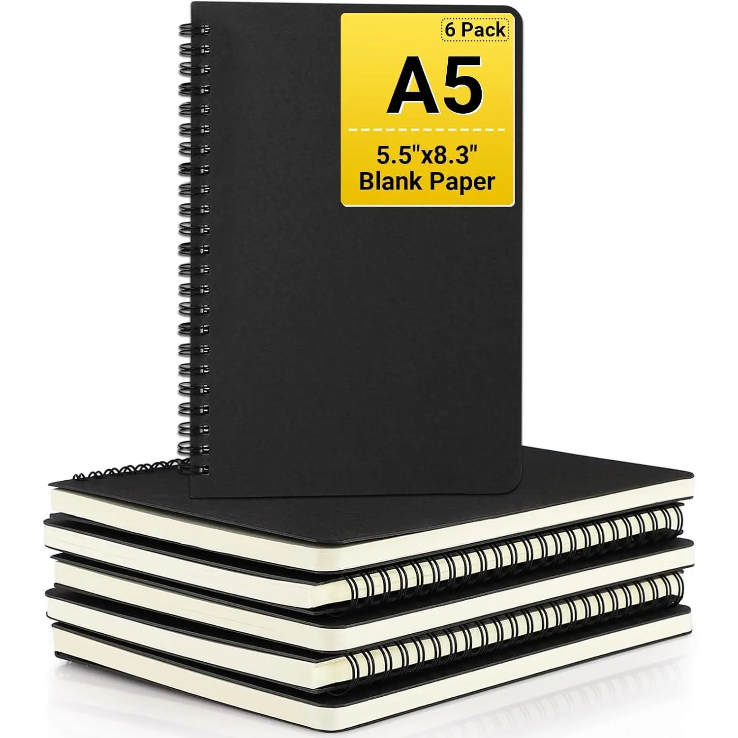 Hardcover Spiral Notebook Unlined, A5 6 packs 5.5”x8.3“ Blank Travel Writing Notebooks Journal, Notepad Sketchbook, College Office Business Subject Diary Spiral Journal-Black Cover