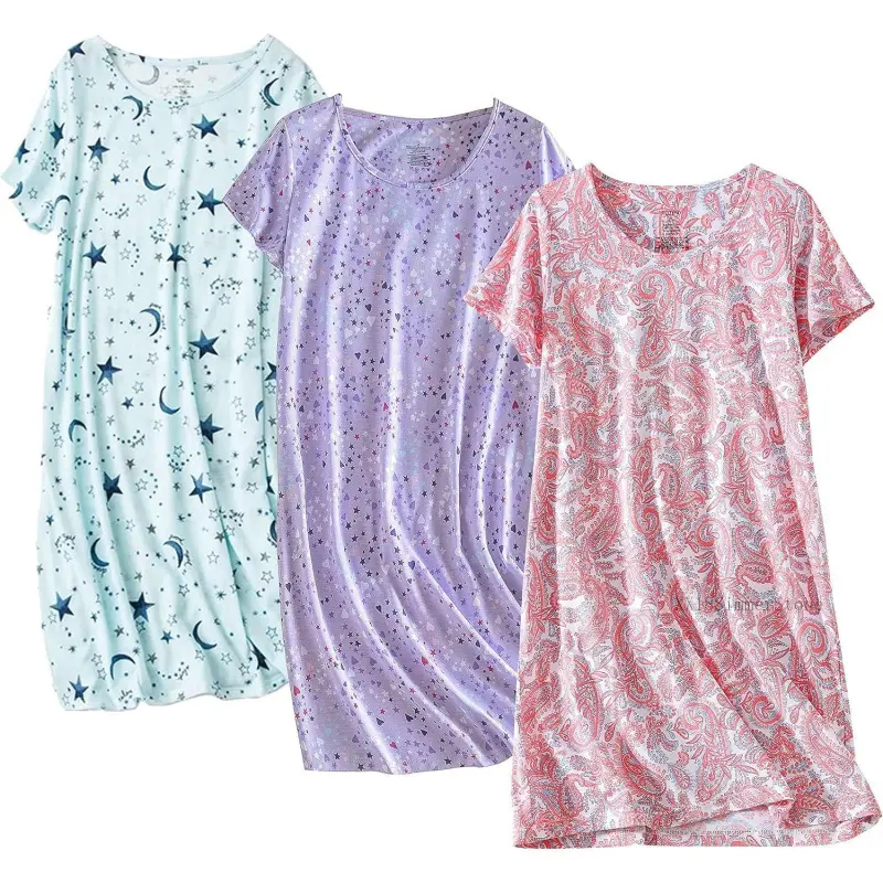 3 Pack Women's Cotton Nightgown Sleepwear Short Sleeves Shirt Casual Print Sleepdress XX18SimmerStone