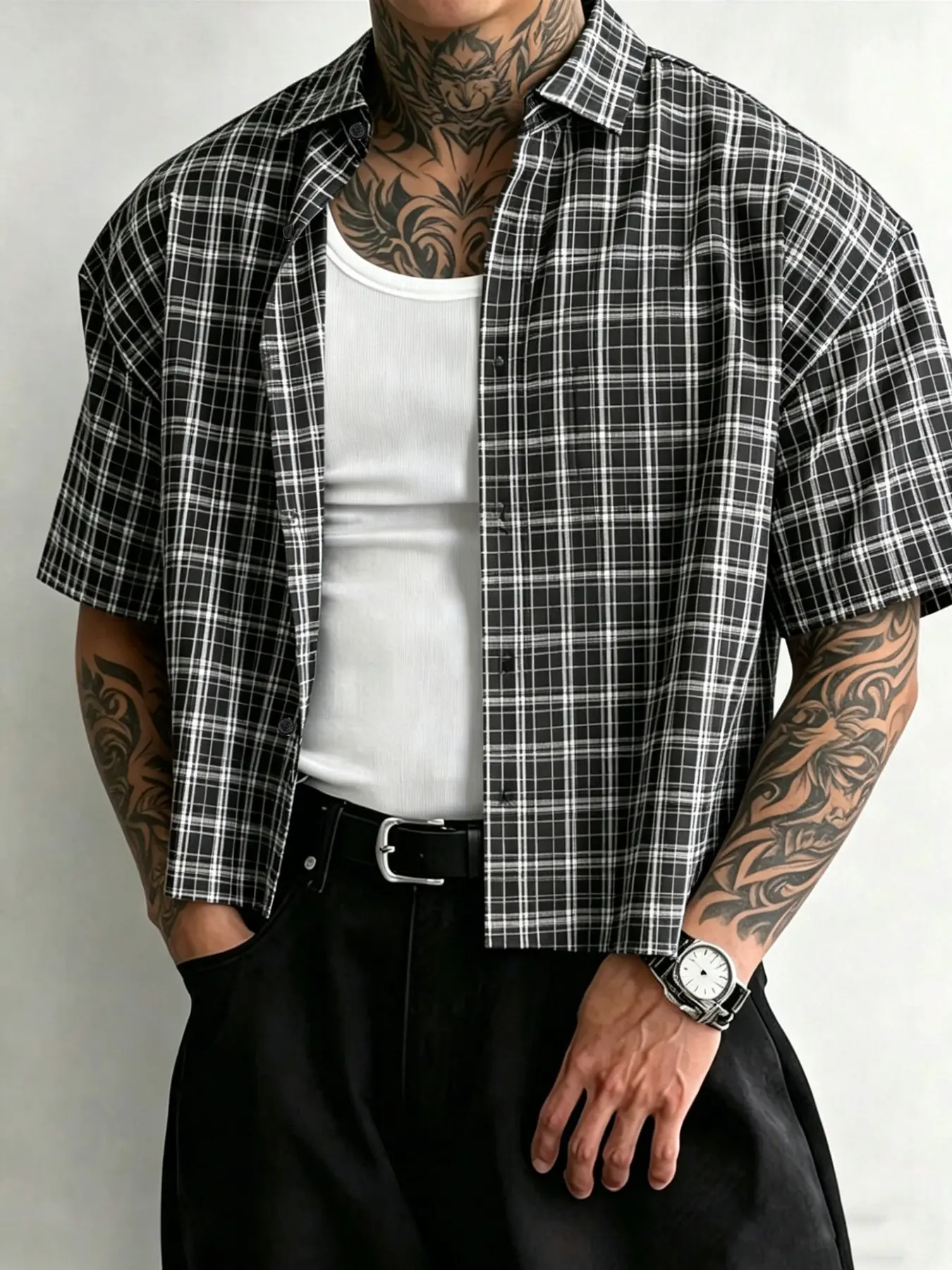 Men's Loose Short Sleeve Plaid Button Down Shirt, Casual Collar Checkered Shirt, Hip Hop Street Fashion Trendy Shirt