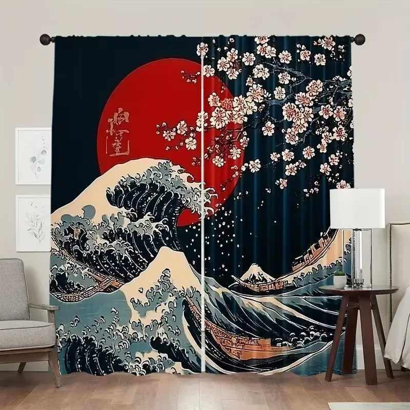 2 Piece Polyester 2D Landscape Curtain, Japanese Cherry Blossom Pattern Rod Pocket Curtains, Bedroom and Living Room Decor