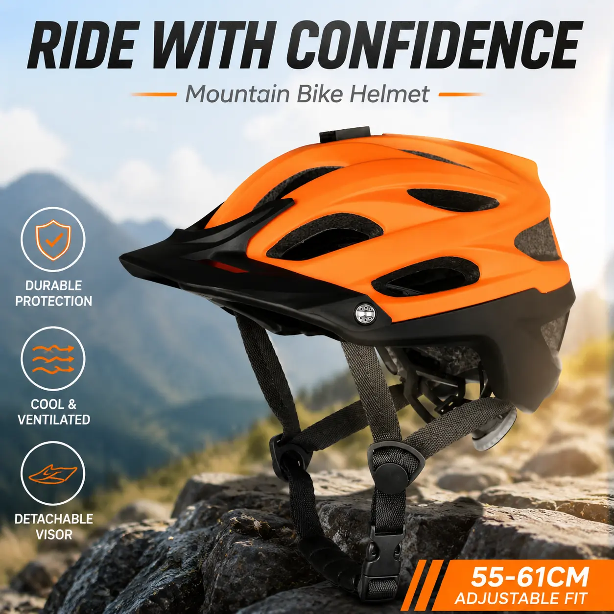 Mountain Bike Helmet for Adults, Men Women and Youth with Camera Mount and Detachable Visor, 55-61 cm Fit for Cycling and Outdoor Mountain Biking
