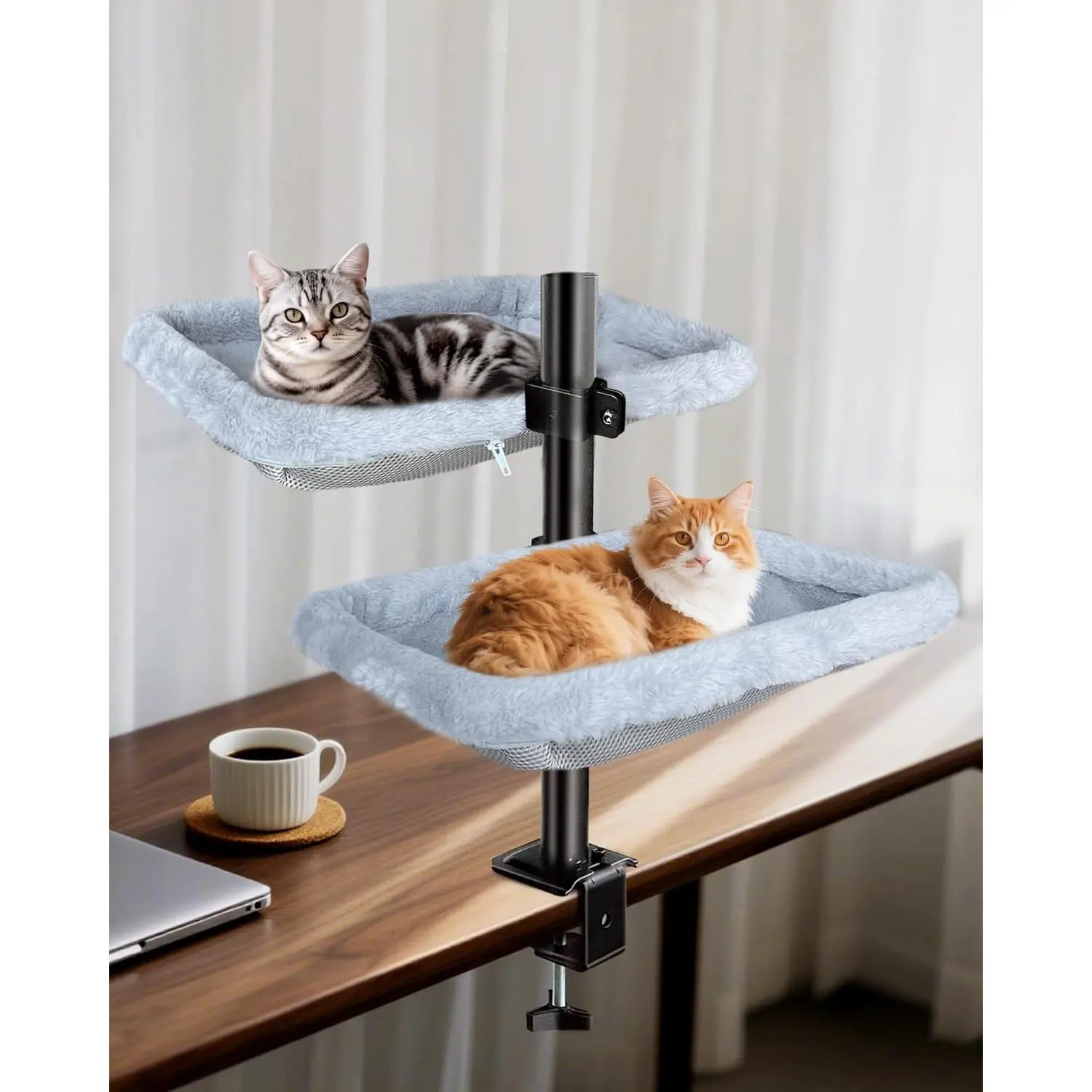 Double Layer Cat Desk Bed - Adjustable Desk Perch with Metal Frame, 45LB Per Layer, Washable Covers, Perfect for Multi-Cat Homes
