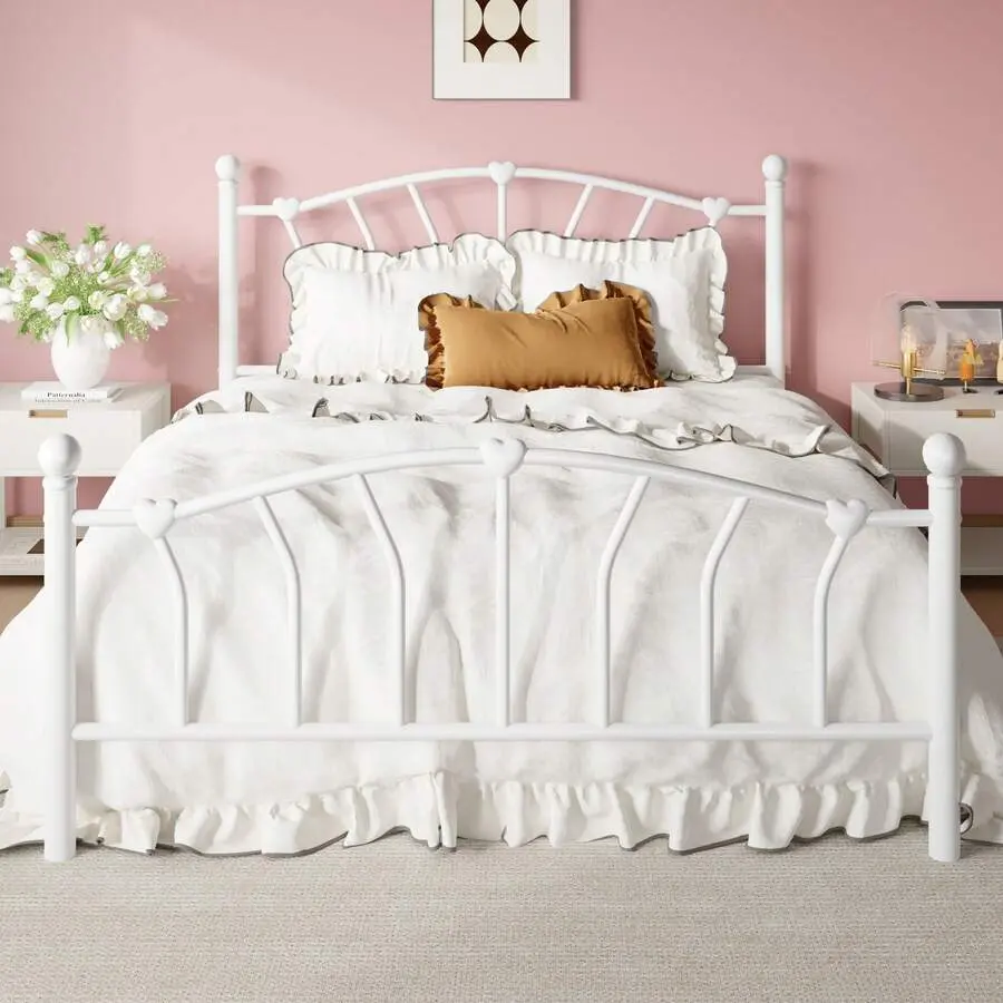 14 Inch Twin/Full/Queen/Size Metal Platform Bed Frame With Heart Shaped Headboard/Footboard, Under Bed Storage, Noise Free Mattress Foundation, No Box Needed, Easy Assembly, White