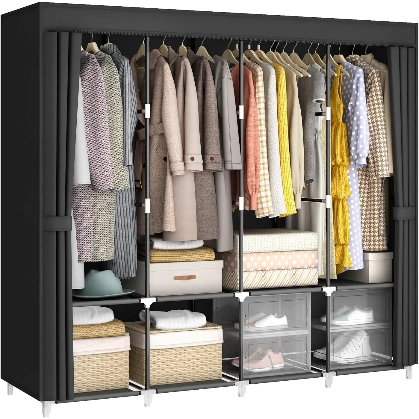 67" Portable Wardrobe Closet for  Clothes Large Capacity for Bedroom | Non-woven Fabric Cover, 4 Clothes  Rods, 8 Storage Shelves, Black