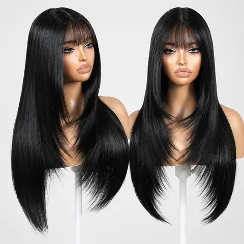 Black Long Wig with Bangs for Women, Synthetic Layered Wig, Heat-Resistant, Layered Style for Daily and Party Use, Synthetic Material Wig