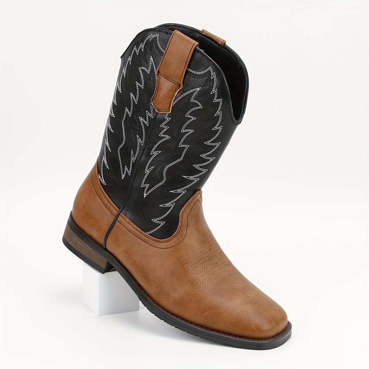 Men's Square Toe Roper Boots, Western Cowboy Boots Embroidered Mid-Calf Roper Boots Walking Shoes Footwear