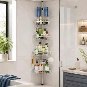Littleox Corner Shower Caddy Tension Pole - 62-115 INCH - 4-Tier Rustproof Bathroom Organizer Shelves, Adjustable Bathtub Tub Shampoo Storage, Silver