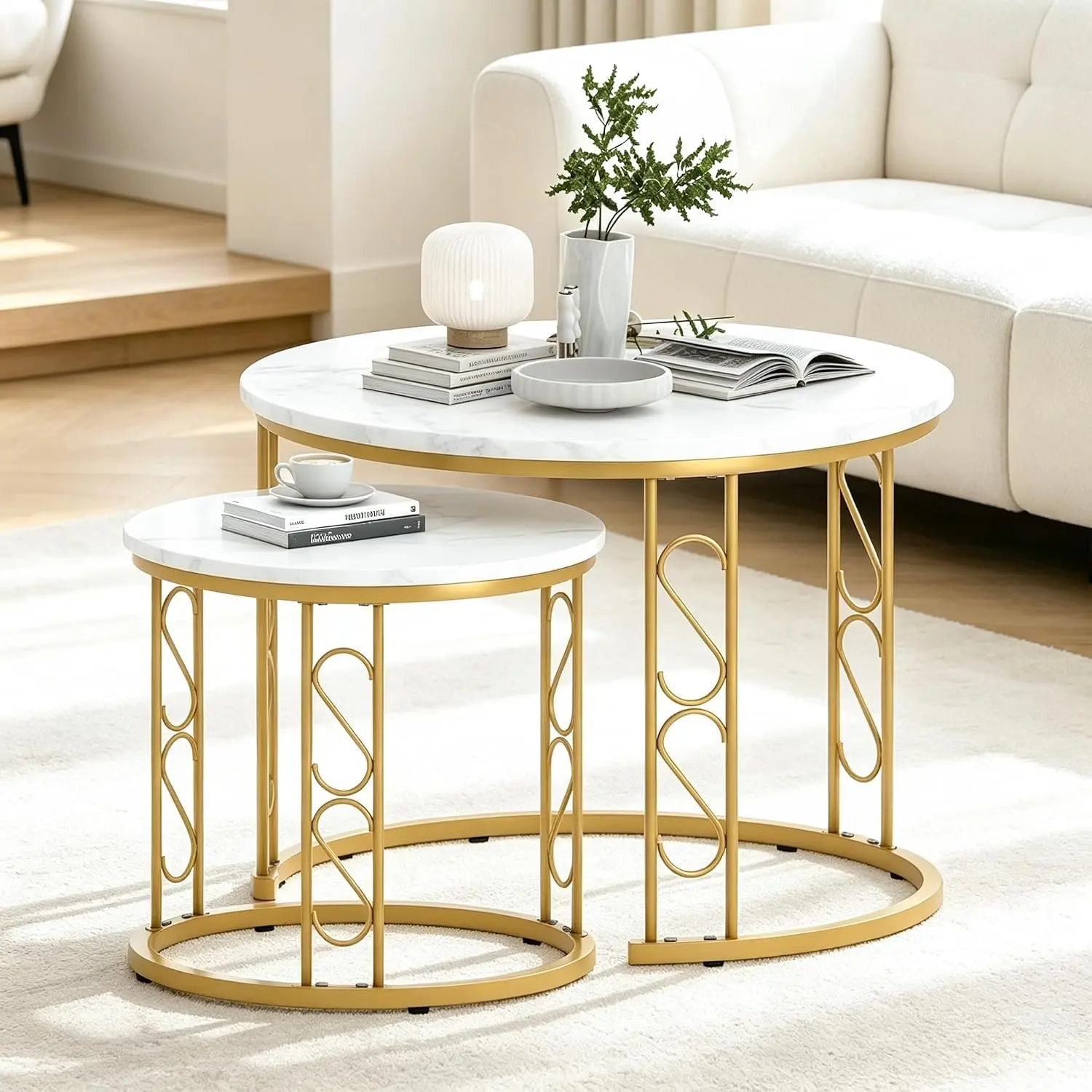 Coffee Table Faux Marble Nesting Table for Small Place 2 Sets Modern Furniture Living Room Sets End Side Table Night Stand for Bed Room Dining Room (White & Gold)