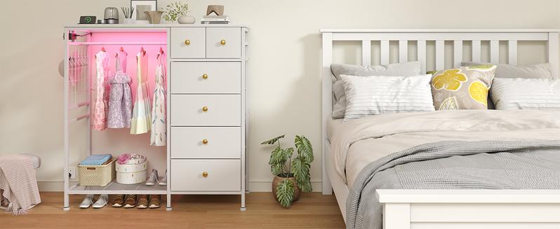 47.2" White Dresser with Hanging Rack, 2 in 1 Bedroom 6 Drawers Dresser with LED Lights & Charging Station, Wooden Dressers with Fabric Drawers and Clothing Rack for Girls, Kids