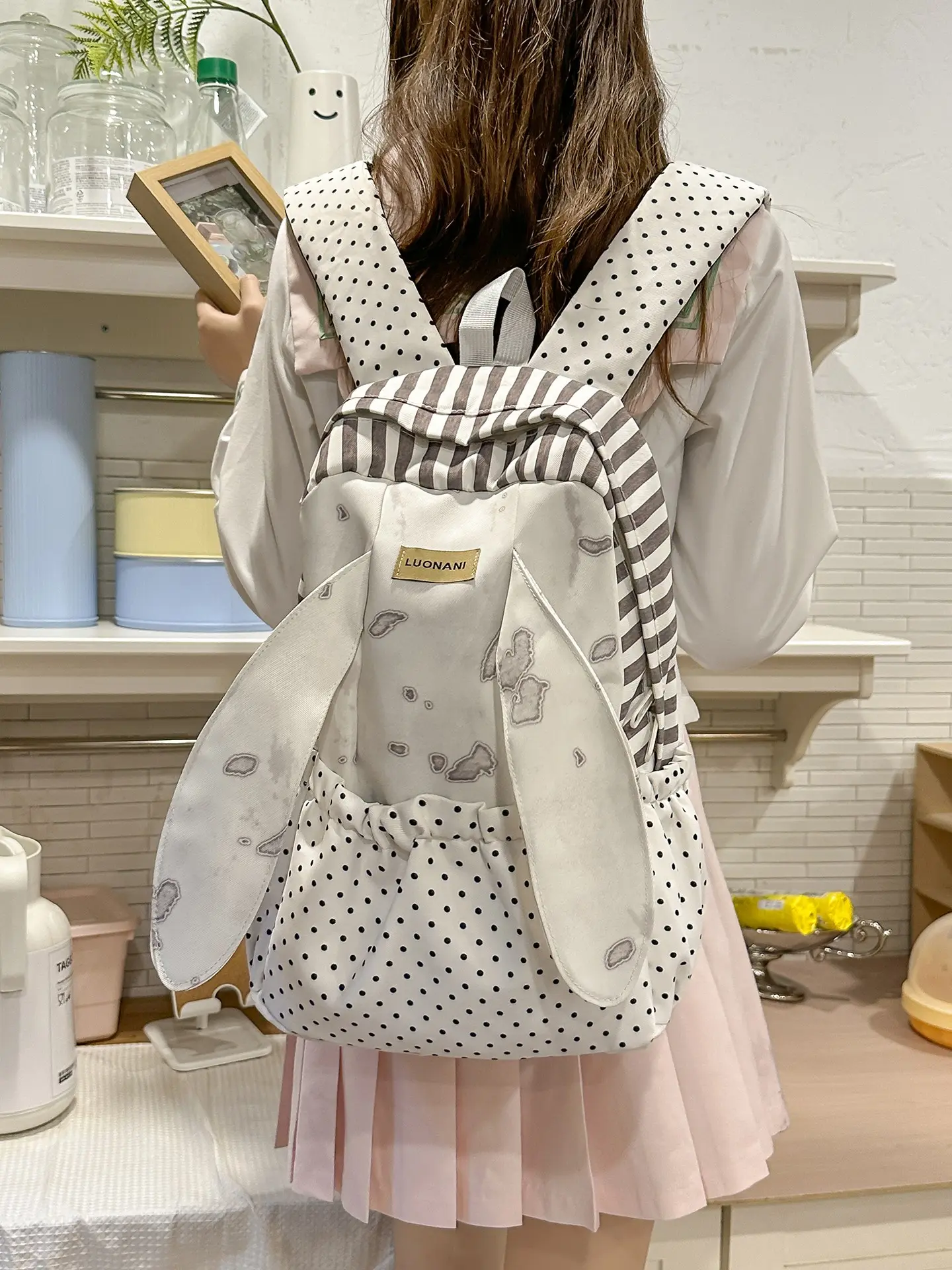 Cute Bunny Ears Polka Dot Backpack, Nylon Backpack, Large Capacity Casual Commuter Bag, Lightweight Travel Bookbag, Fashionable School Bag for Girls, School Backpacks, School Style Backpack, Casual Printed Backpack