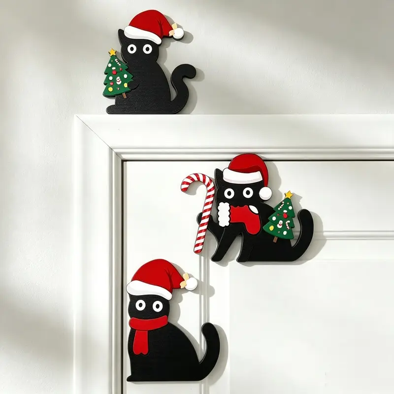 Three-piece Christmas cat figurine set: playful black cat door and window toppers with self-adhesive backing, wooden Christmas decorations perfect for rooms, kitchens, entryways, and shelves. Suitable for both indoor and outdoor use, these stylish pieces