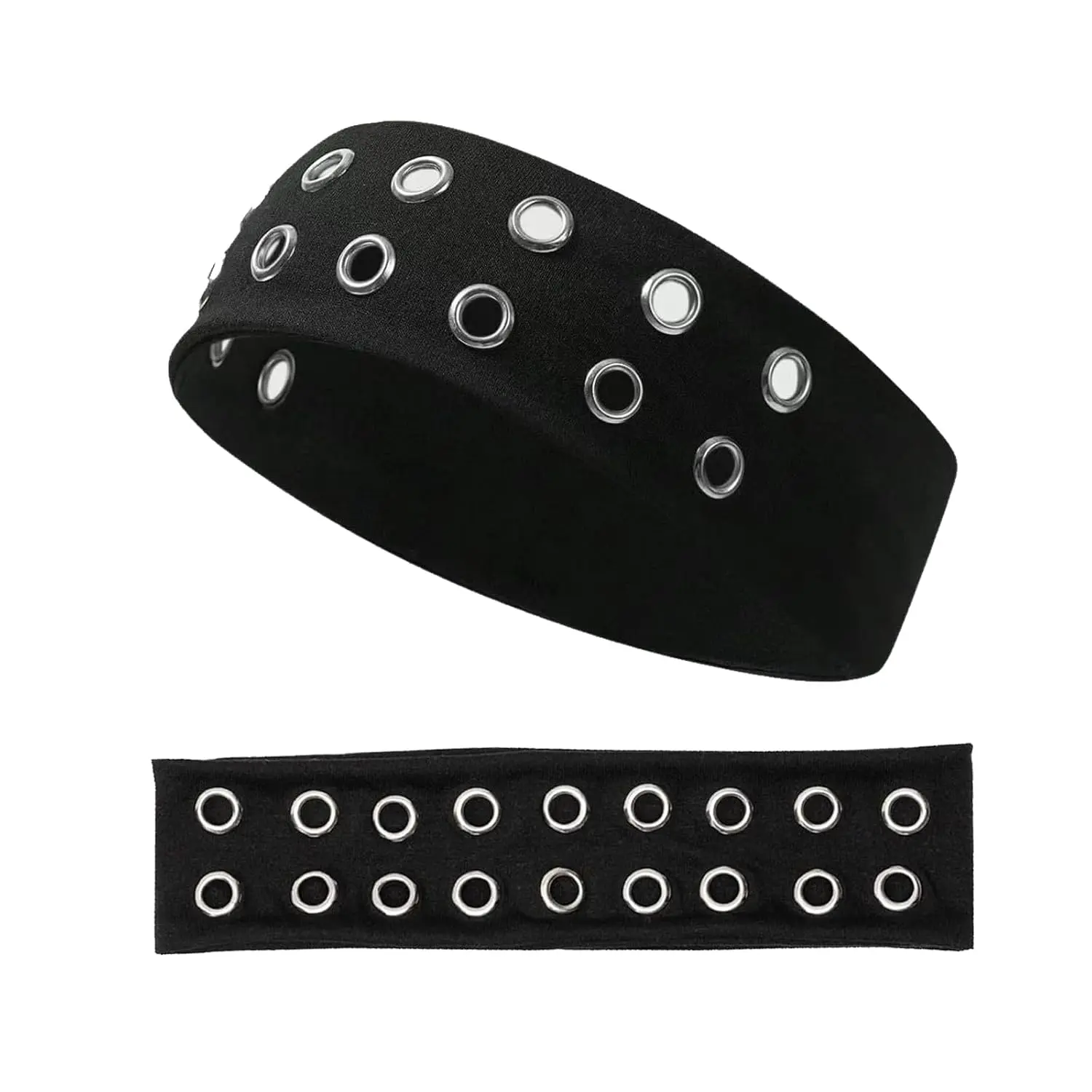 Grommet Headband,Women Hollow Out Eyelets Elastic Hairband | Punk Style Rivets Headbands,Y2K Grunge Fashion Wide  band,Stretchy Casual Hair Accessories for Women Black