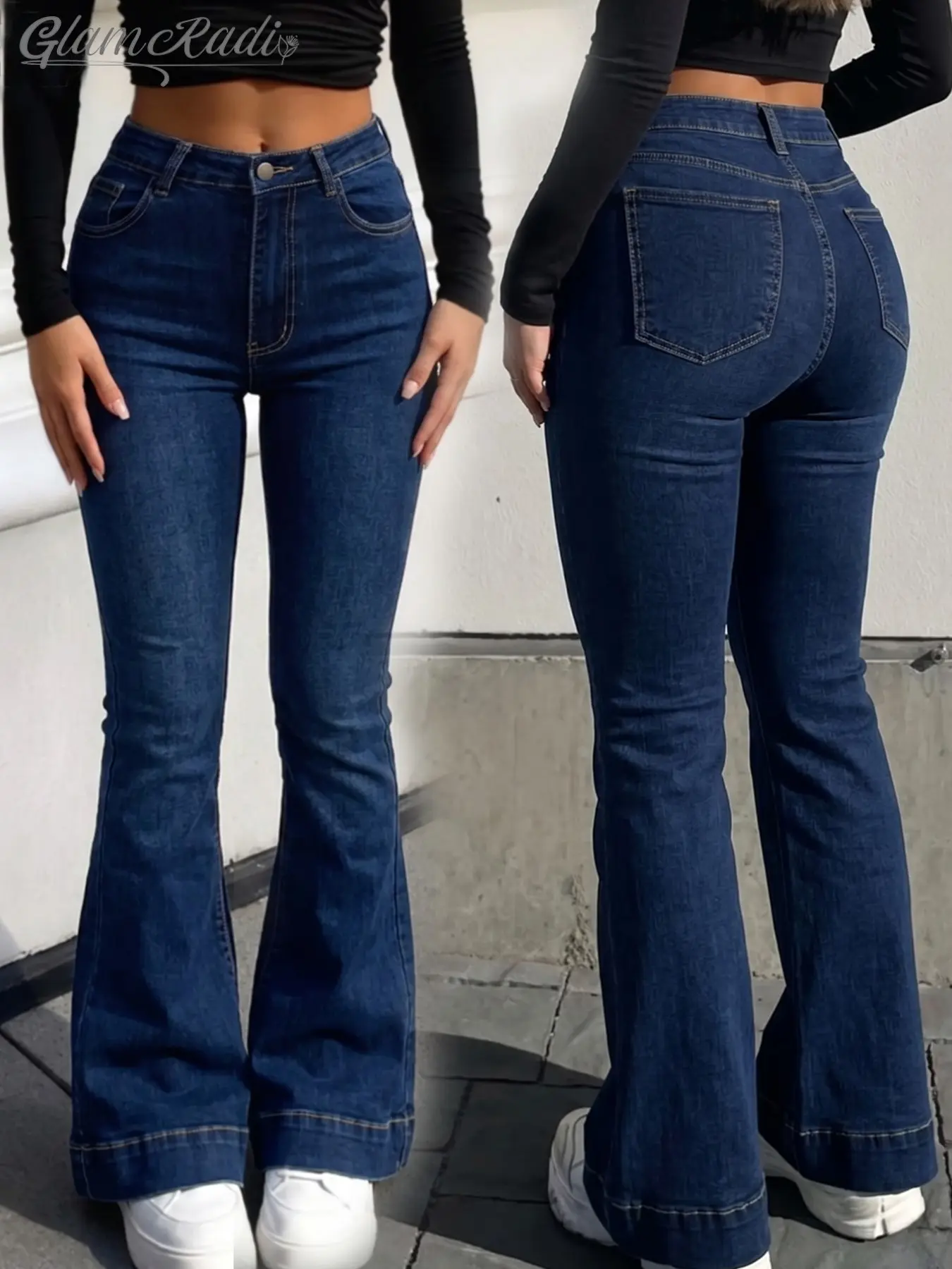 Women's High-Waisted Tight Fit Micro Flare Jeans, Colorblock Contrast Stitching, Five Pockets, Butt Lifting, Long Pants, Street Style, Flare Denim Jeans