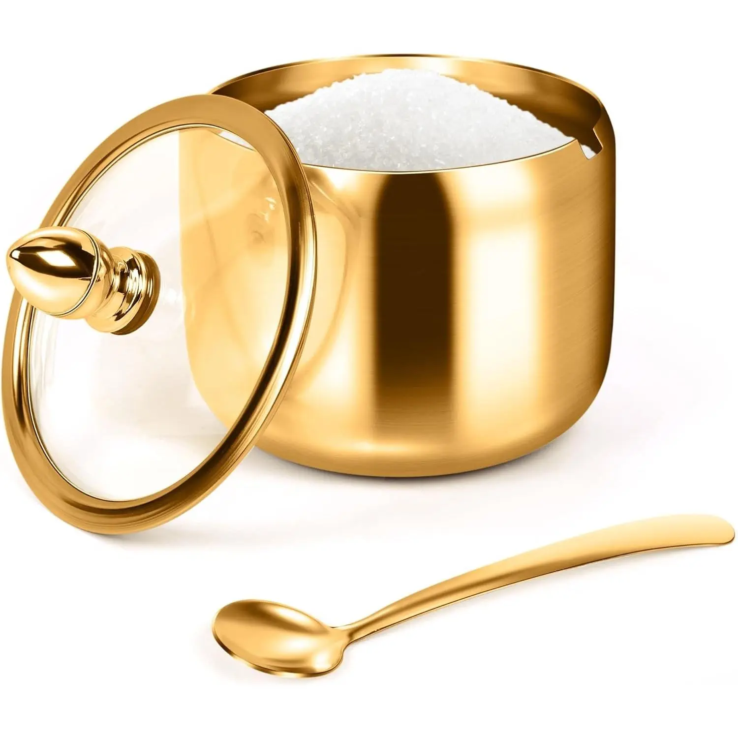 Sugar Container with Glass Lid and Spoon, 10oz Gold Sugar Bowl for Coffee Bar Station Accessories, Kitchen Storage for Salt, Candy, Coffee Bean (Gold)