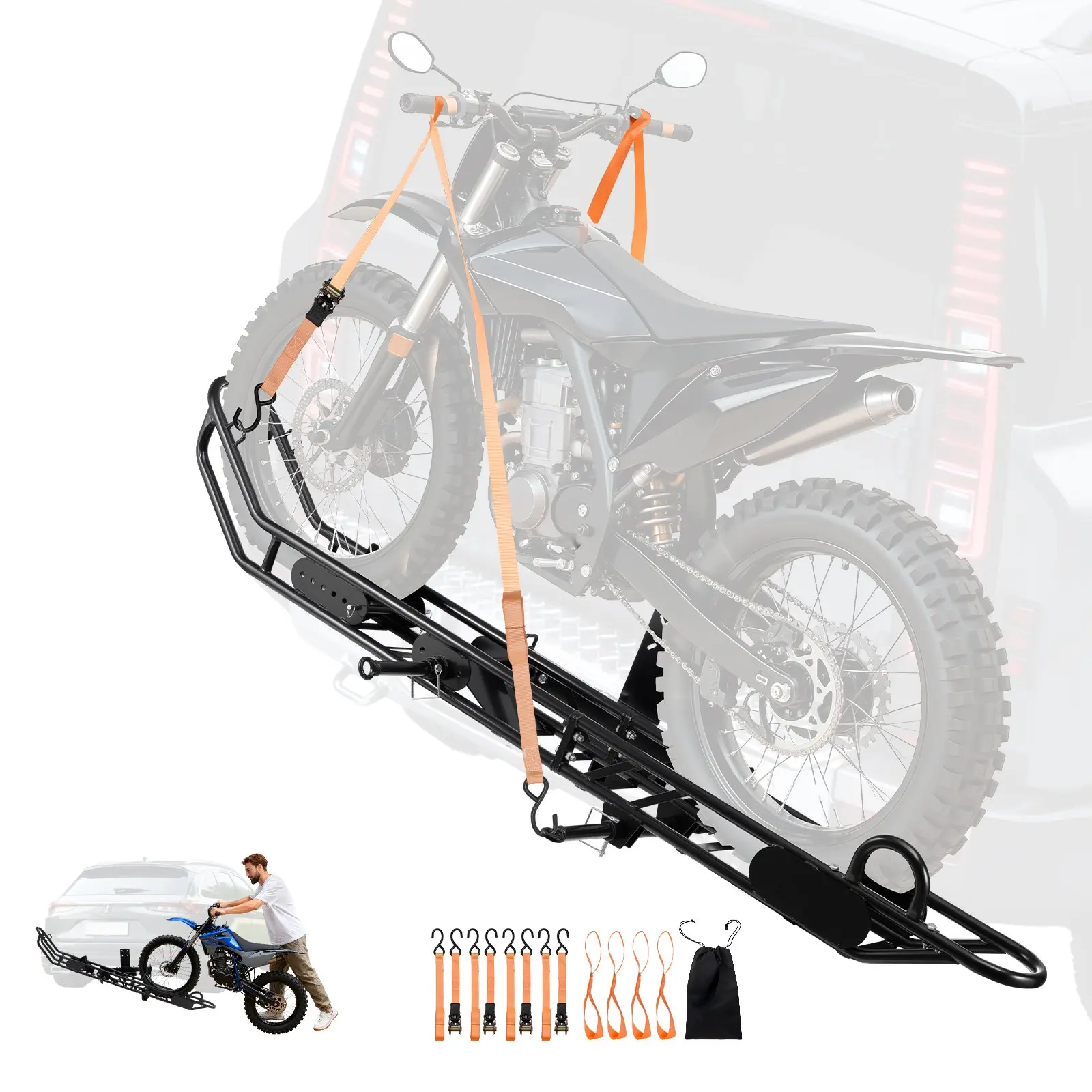 VEVOR Motorcycle Carrier, 500 lbs Capacity, Heavy Duty Steel Hitch Mount Rack with Anti-Tilt Lock Device, Straps Stabilizer, Scooter Dirt Bike Trailer Hauler for Car Truck with 2-Inch Hitch Receiver