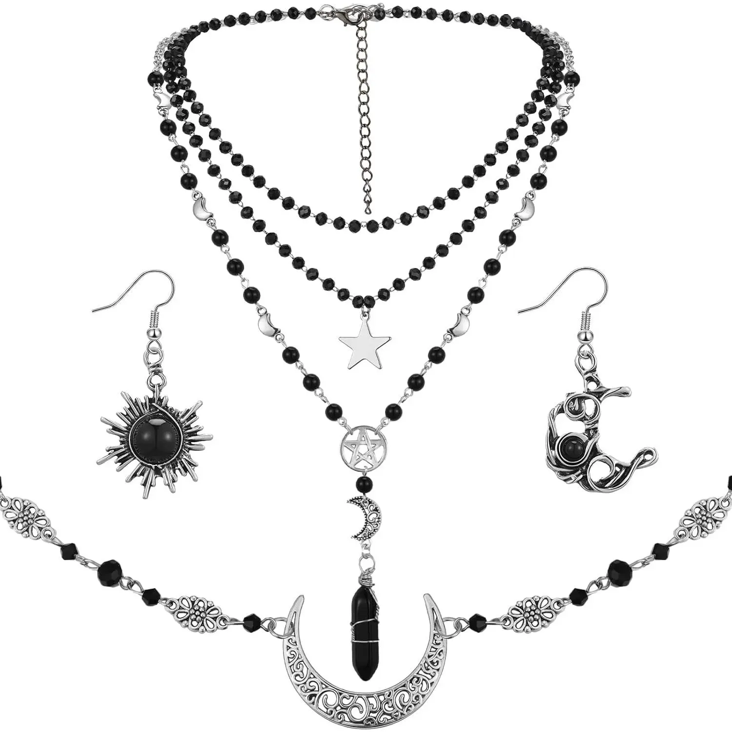 3 count Halloween Gothic Sun and Moon    Set Boho  Chain Multilayer  Choker  Earrings for Women