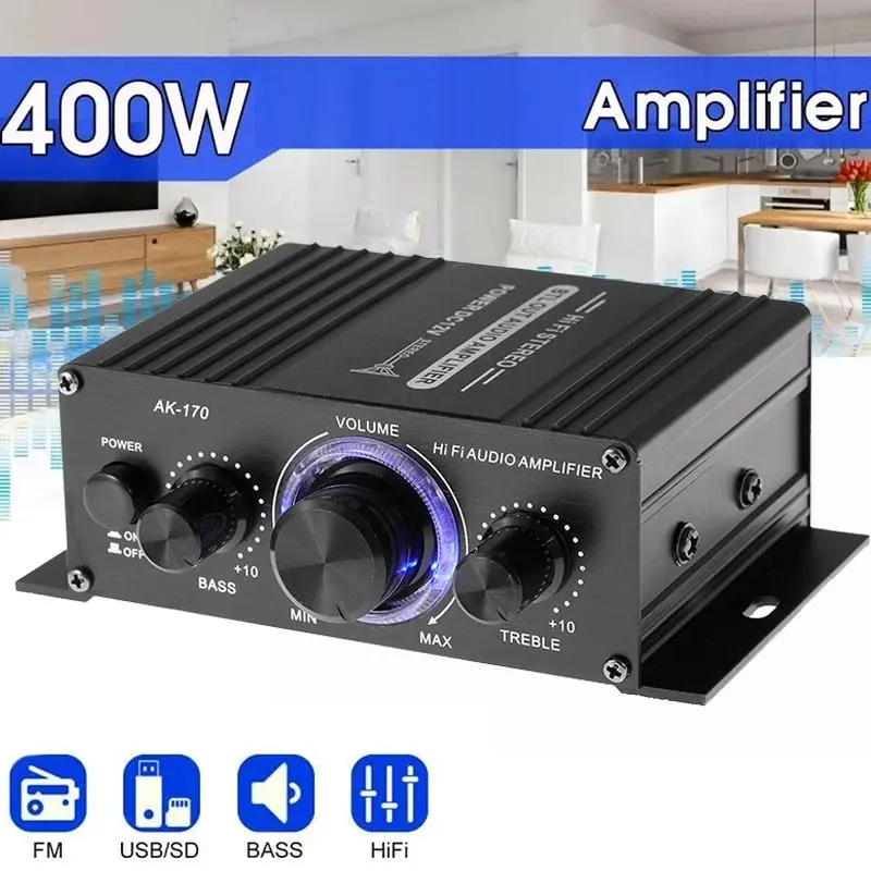 AK170 Mini Digital Power Audio Amplifier - Mini Amplifier with Blue Light, Aluminum Alloy, Low Distortion, 200Wx2 Power for Home Theater, Club Use