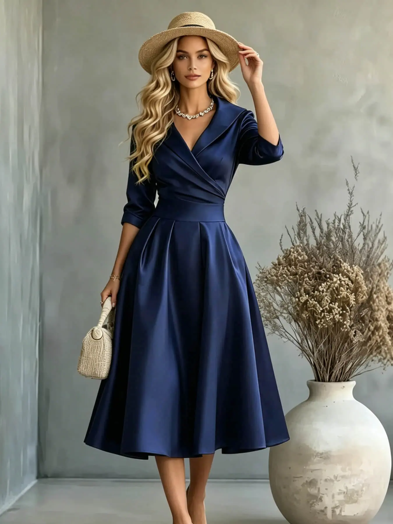 A fashionable, sophisticated, chic and elegant women's high-class lapel cross wrapped chest folded V-neck waist cinched dress, Evening Formal Wear, suitable for summer, suitable for coffee shop dates, cocktail parties, city travel