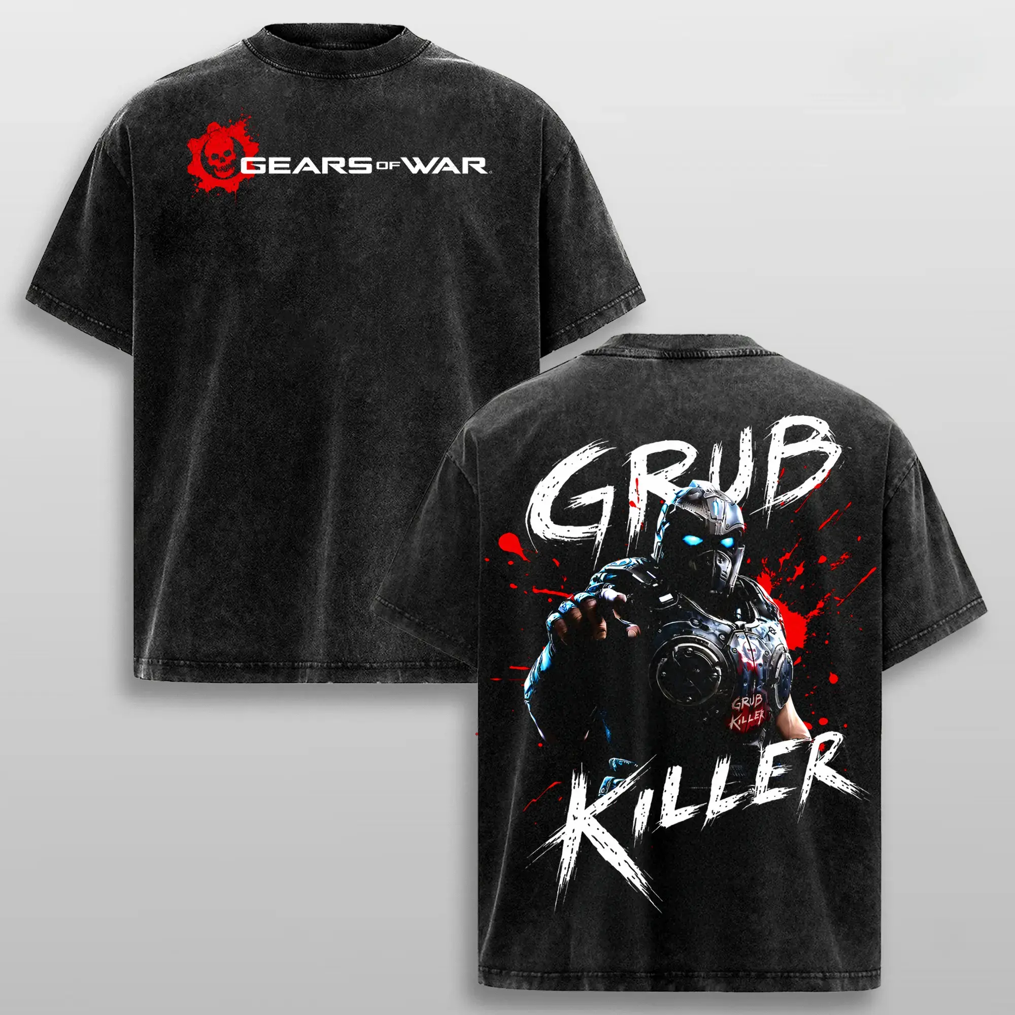 Soft Breathable Vintage Washed Tactical Game Graphic T Shirt Oversized Crew Neck Gears Of War Gear Skull Grub Killer Print Y2K Grunge Top For Gaming Convention Casual Skate Holiday Wear