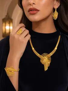 4 pieces each set of Middle East Arab jewelry set gold-plated hollow luxury style necklace, ring, earring bracelet adjustable jewelry suitable for bridal wedding party banquet accessories.