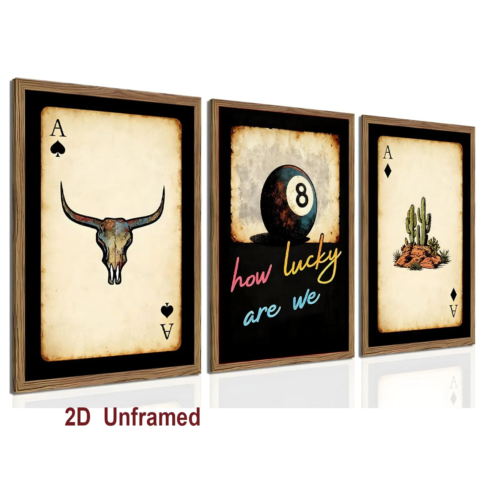 3-piece Frameless Western-style artistic wall art set: Unframed Southwest-style cowboy playing card wall decor, a longhorn skull No. 8 ball, and a “How Lucky We Are” poster canvas print—perfect for the bedroom or living room decorations