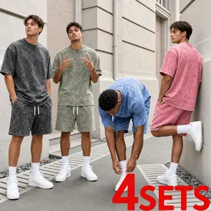 Washable distressed cotton men’s summer set, available in four-piece and eight-piece sets. Casual commuting two-piece set: crew-neck short-sleeve T-shirt (pre-washed) + shorts, retro 2000s style. Suitable for running, golf, fishing, basketball, camping, g