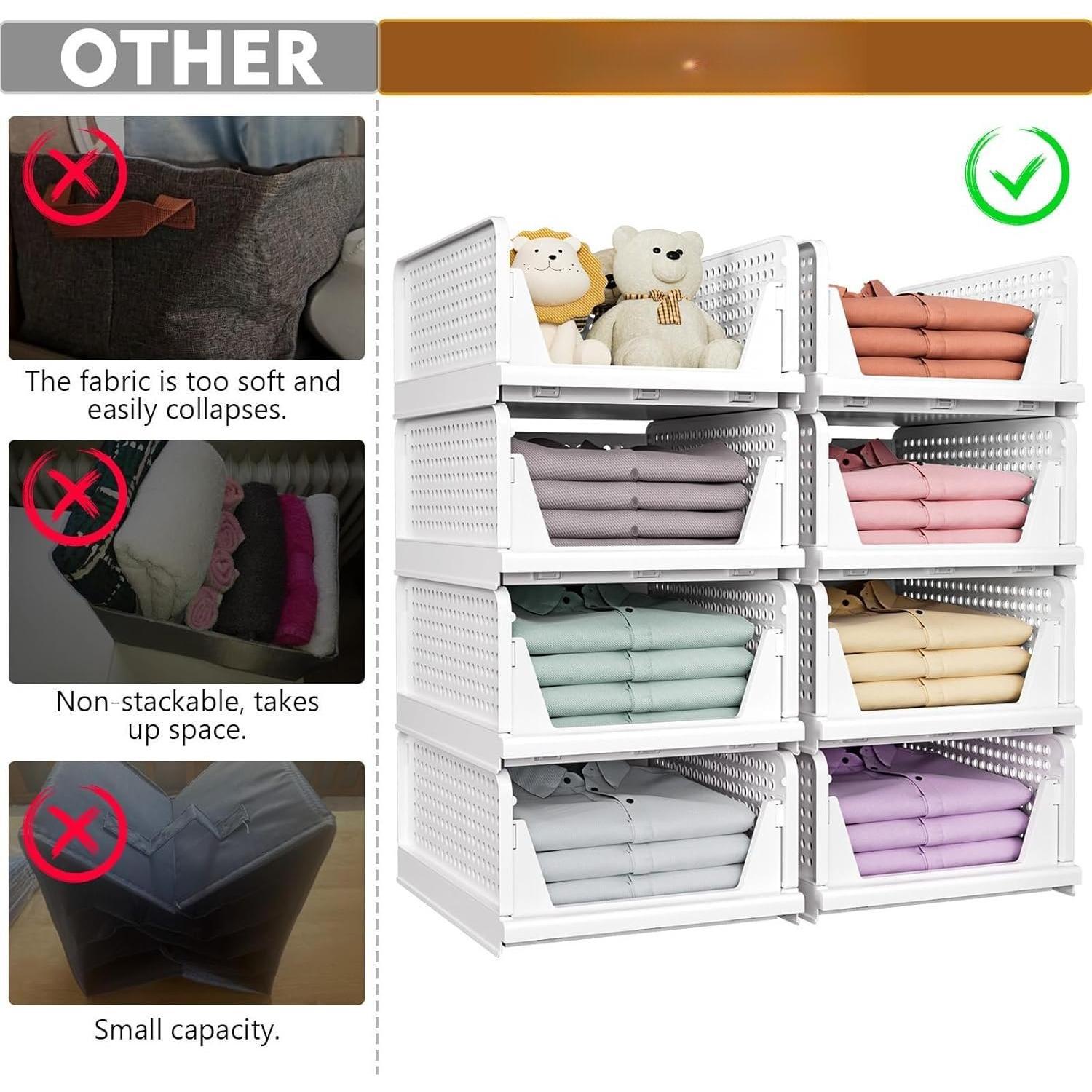 5 Pack Stackable Closet Storage Basket, Multifunctional & Foldable Closet Organizer for Bathroom Kitchen Laundry Room Wardrobe Storage, Space-Saving Clothes Storage Drawer Organizer, White