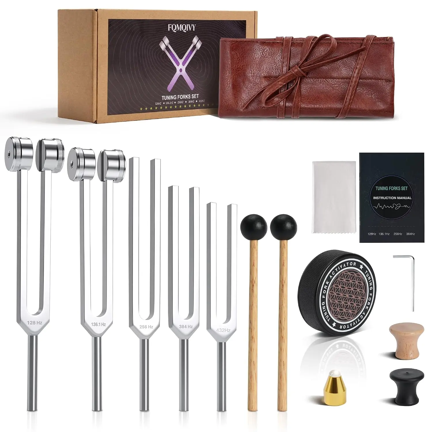 Tuning Forks for Healing Set - 128Hz 136.1Hz 256Hz 384Hz 432Hz, Weighted & Unweighted Tuning Forks with Vegan Leather Pouch & Activator, 128 Hz Tuning Fork for Chakra, Yoga, Meditation & Gift