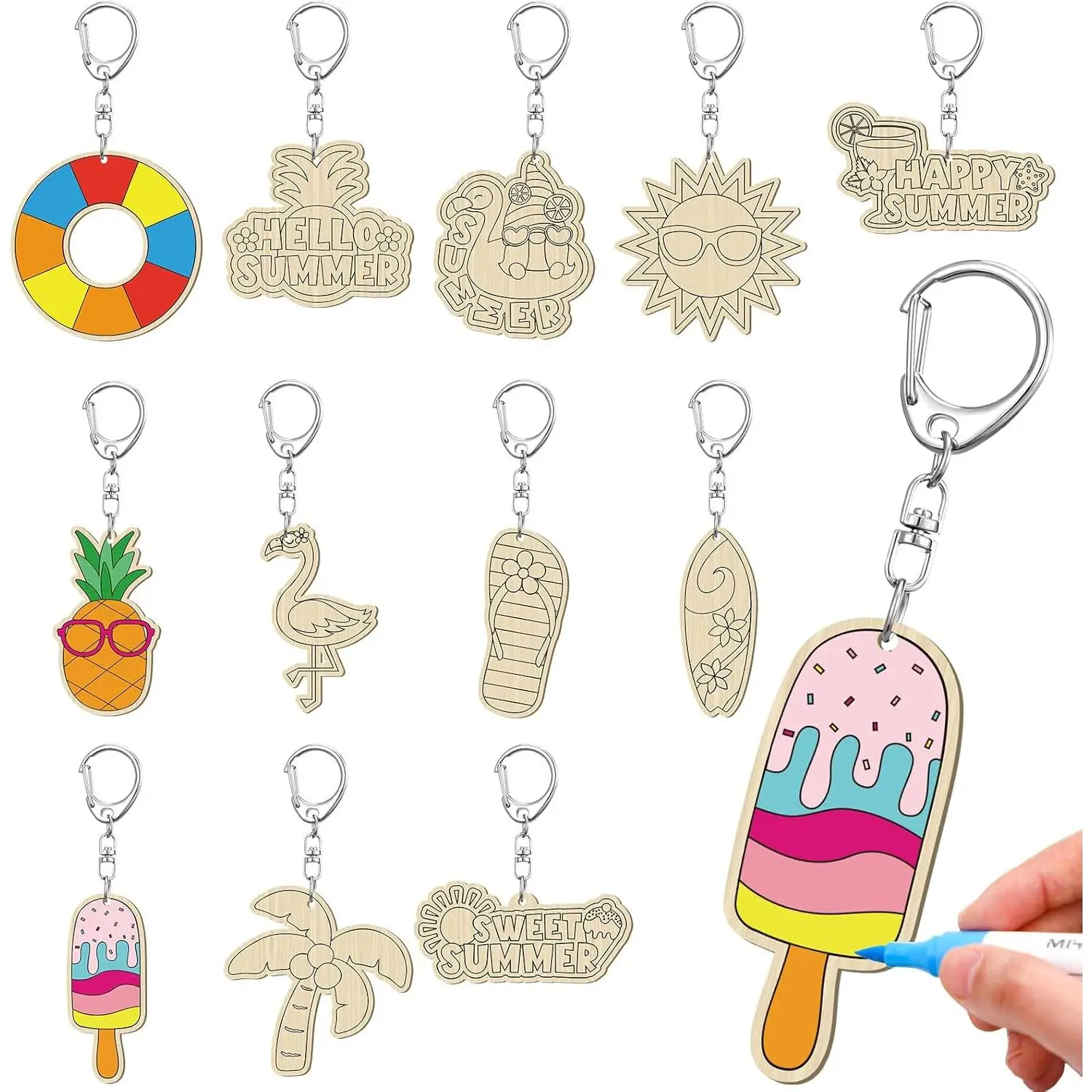 24 Pcs Summer Party Craft Color Your Own Keychains Diy Craft Wooden Blank Keychains for Sunday School Classroom Home Active Party Favors Gifts, 12 Styles
