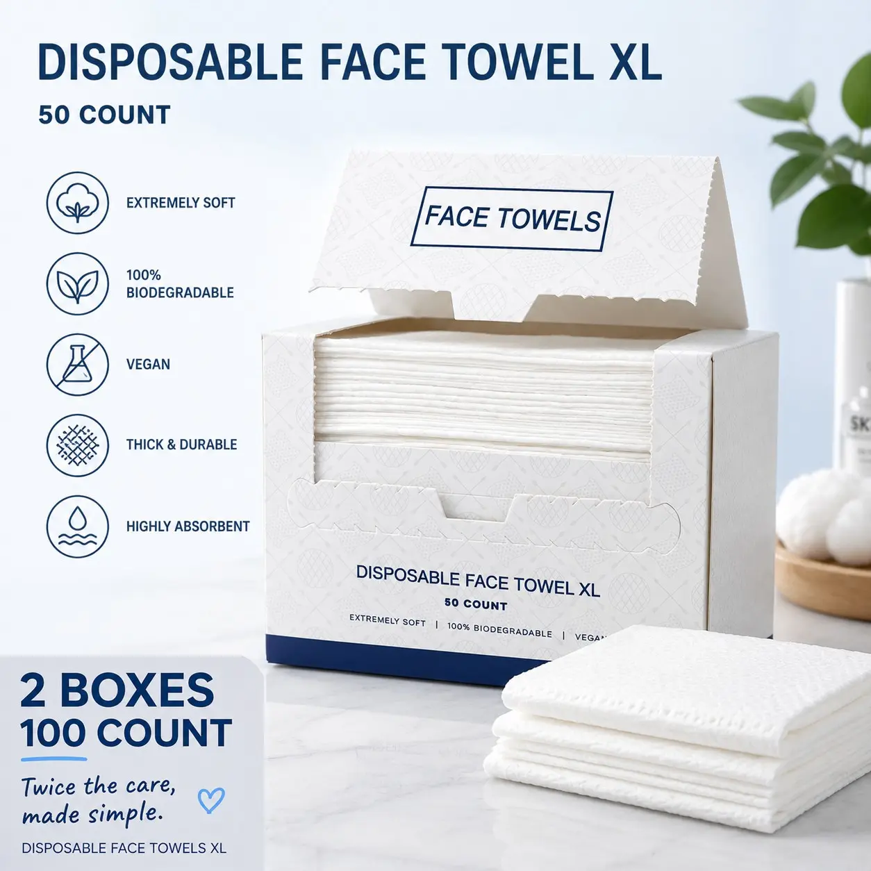 Two Boxes 100 Pieces Super Soft Biodegradable Disposable Face Towels, Facial Towels, Ideal for Oily Acne Skin, Gentle for Seniors and Kids