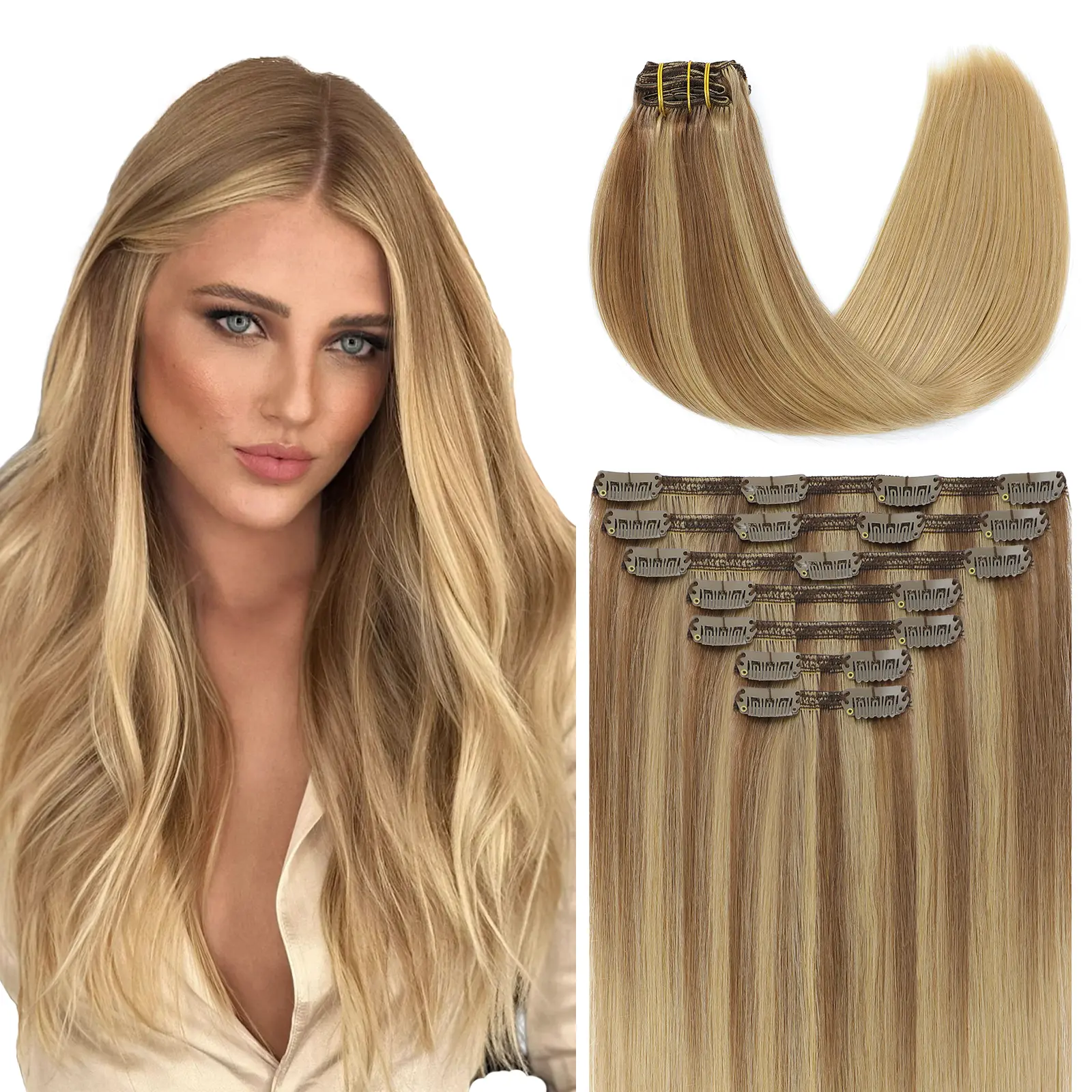 Youngsmile Clip in Hair Extensions, Straight Real Human Hair for Women, 7 pcs/set, 14-22 Inch Heat Resistant with Skin Weft Clips for Daily Wear, Extensions Hair