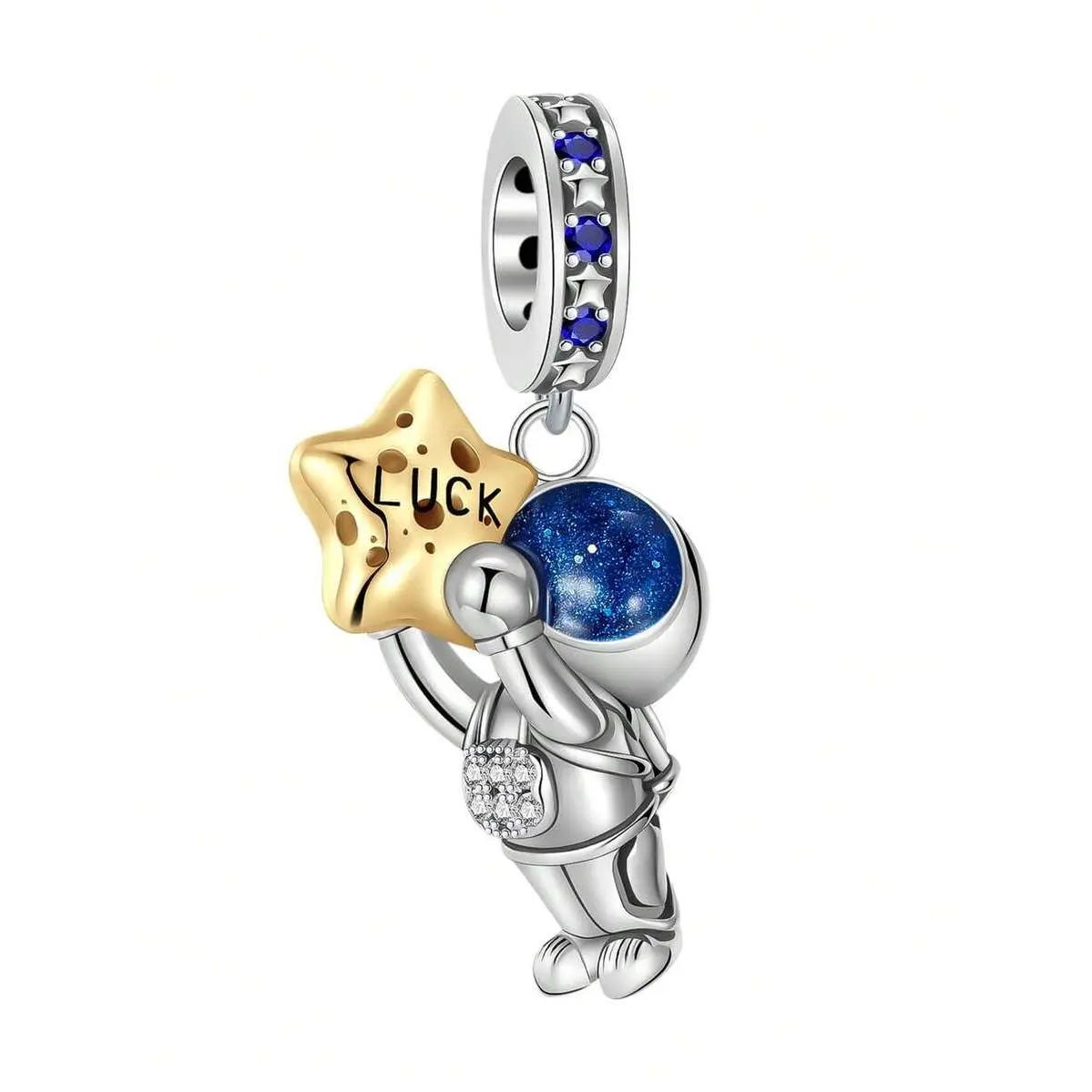 1pc Silver-Plated Copper-Base Astronaut Pendant Charm - Cute Look, Star Motif, Diamond Accent, Blue Lucky Design, Pendant Shape, Female Wear, Suitable for Bracelet DIY, Halloween Gift
