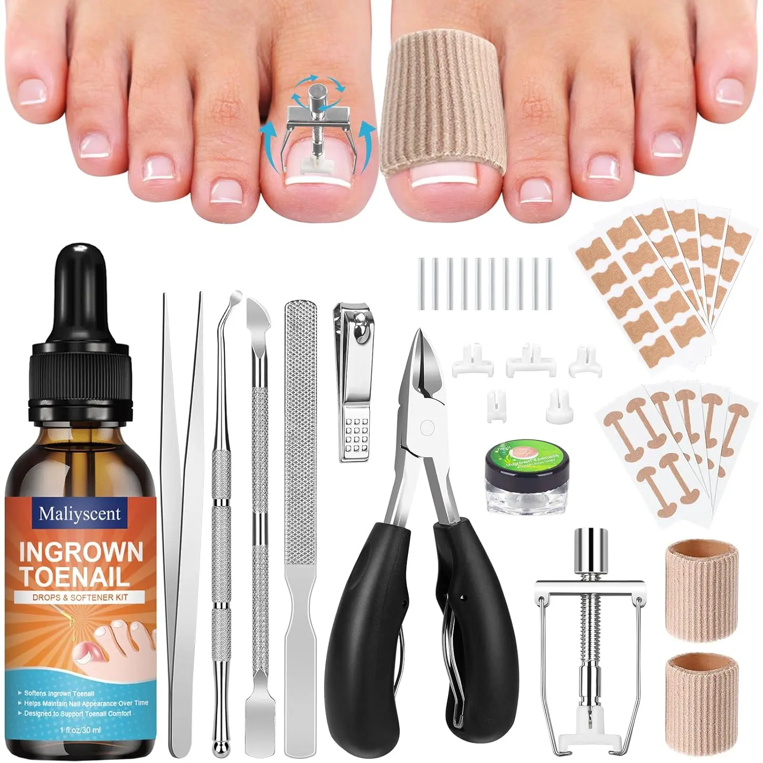 Professional Ingrown Toenail Removal Kit, Complete Pedicure Tool Set with Corrector Drops, Corrector Patch, Toenail Clipper, Nail File & Lifter