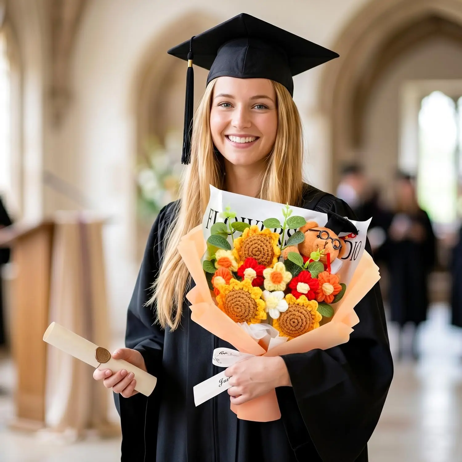 14" Hand-Crafted Milk Cotton Knitted Bear Graduation Bouquet, 2026 Graduation Gift Decoration for Girls, High School & College/Masters Degree Graduates, 14" Bouquet, With Lights